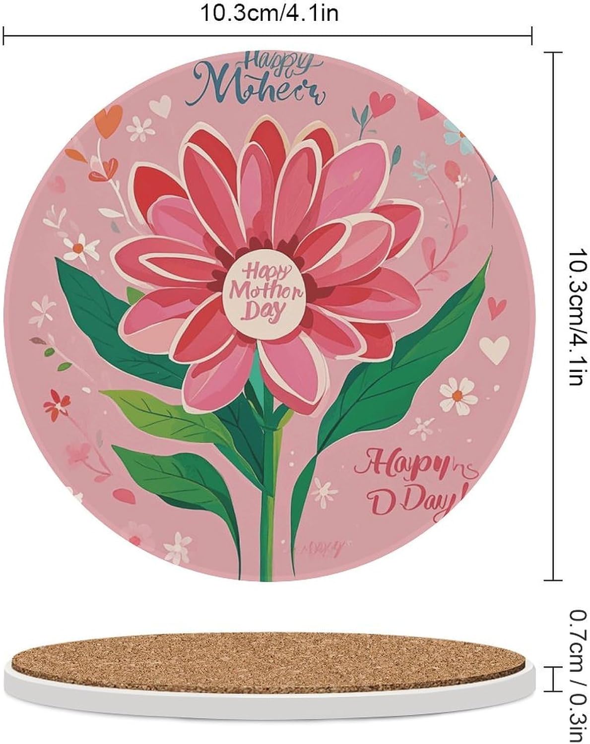 6PCS Happy Mother Day Coasters Non-Slip Round Drink Coasters with Ceramic Stone and Cork Base, Heat Resistant Absorbent 33.00Stone Coaster Set for Kinds of Mugs and Cups, 4 Inch