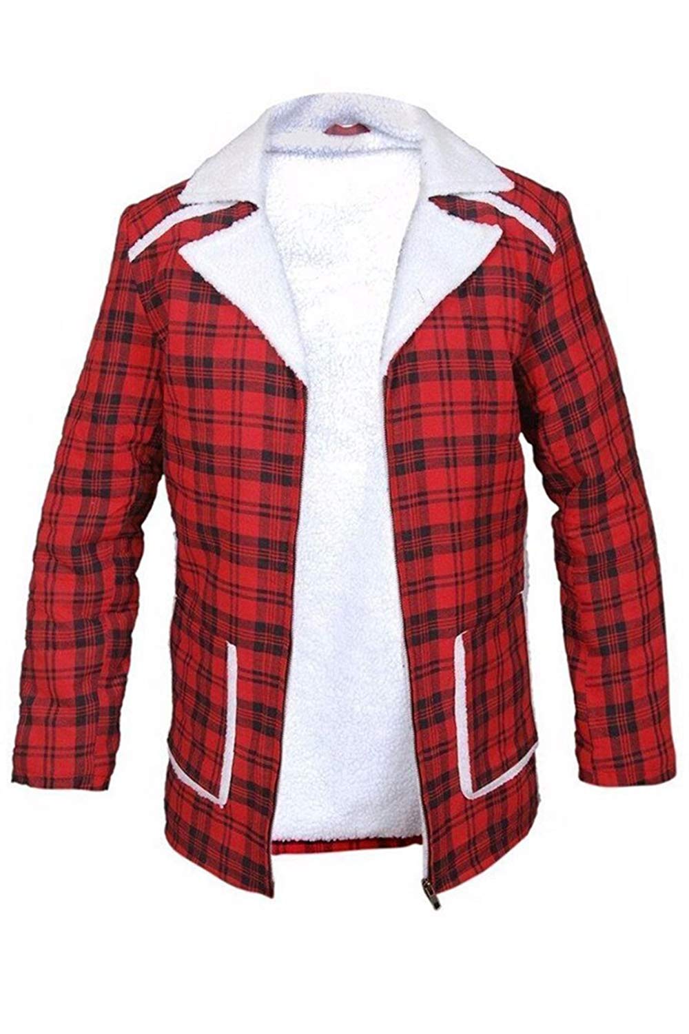 Flannel Checkered Jacket Faux Fur Shearling Red Coat