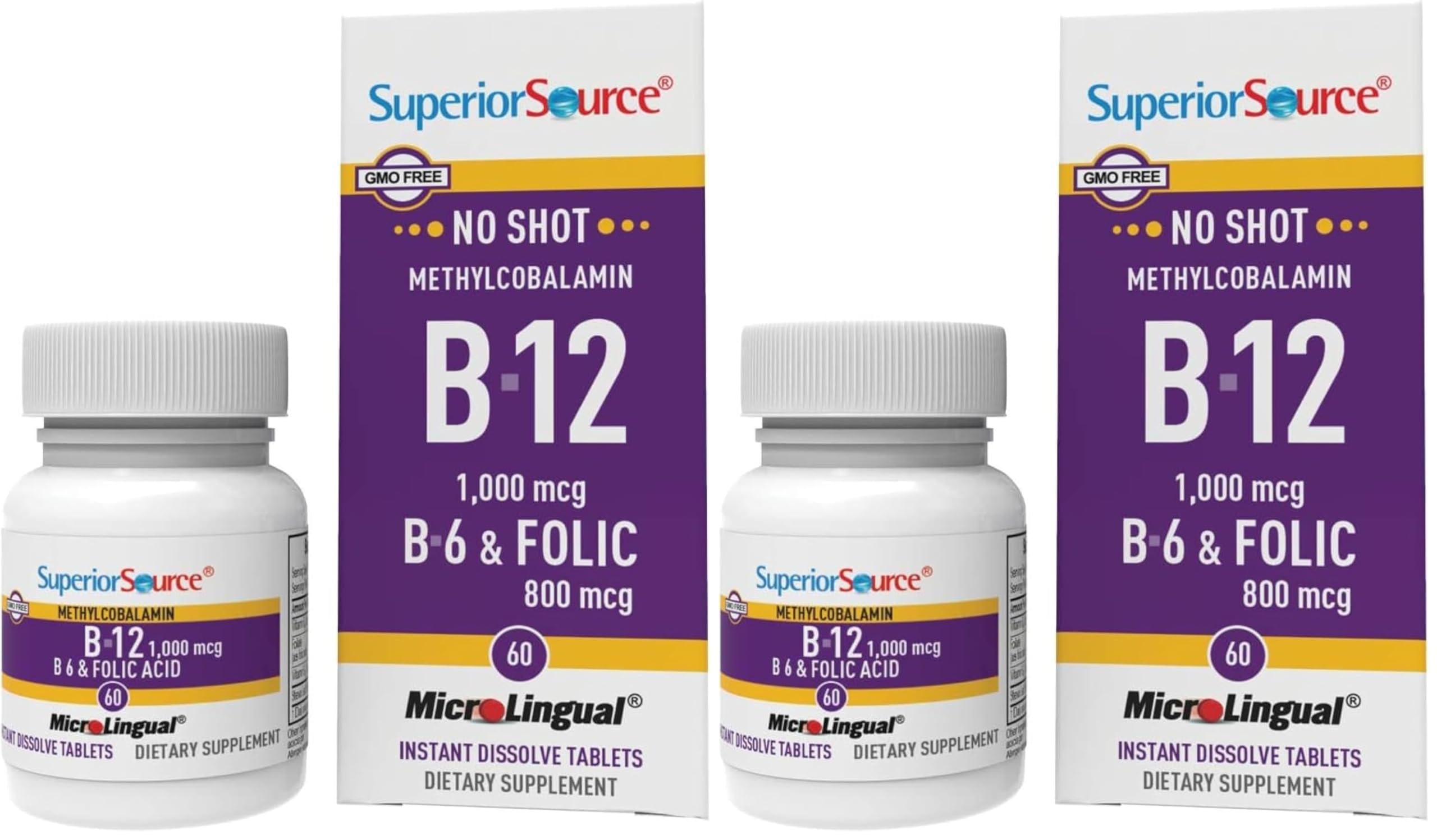 Superior Source No Shot Vitamin B-12 Methylcobalamin 1000 mcg, B-6 & Folic Acid 800 mcg - Supports Brain & Heart Health - Aids Natural Energy Levels - 60 Sublingual Dissolving Tablets (Pack of 2) Unflavored 60 Count (Pack of 2)