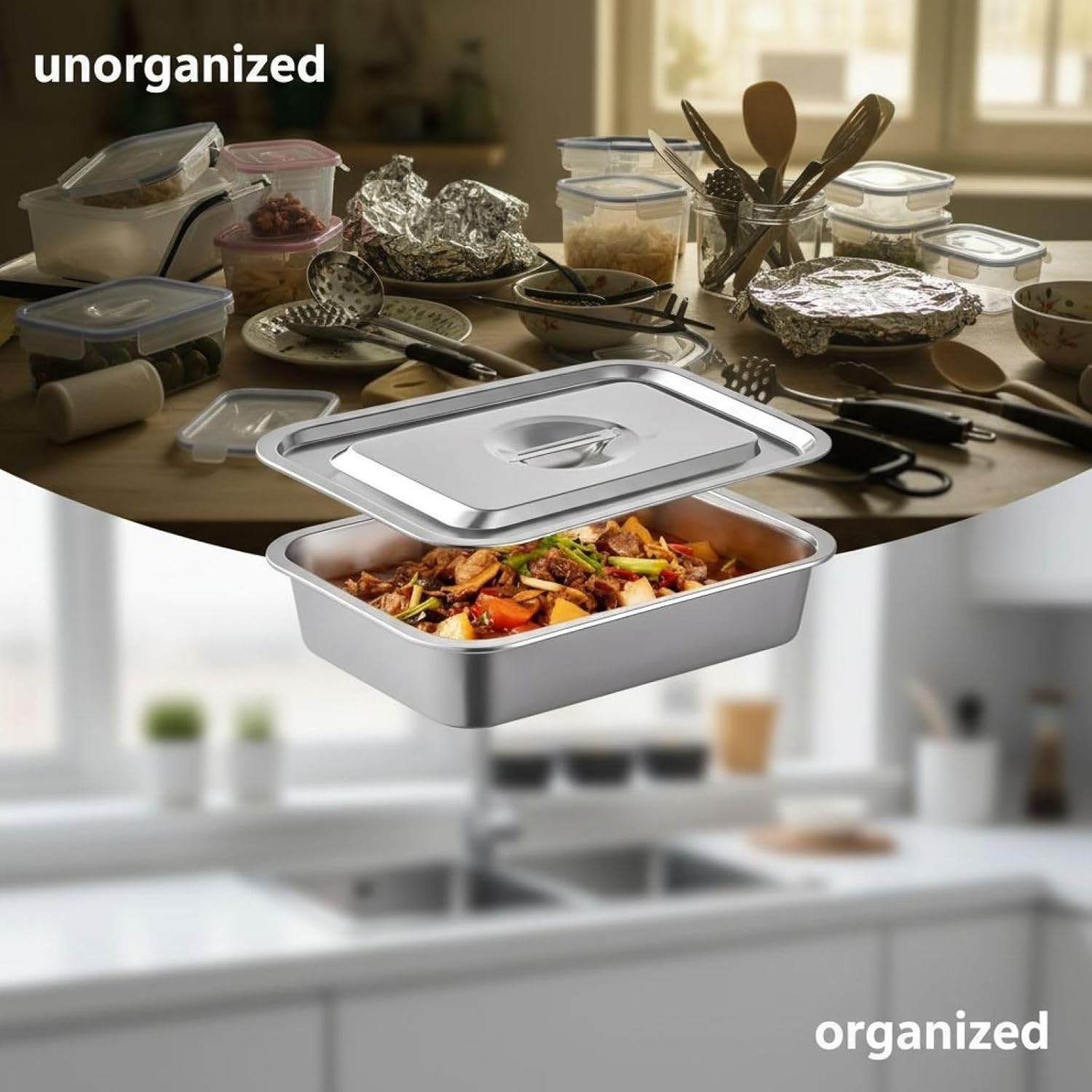Stainless Steel Lasagna Pan 14.2 X 10.6 X 3.9 in with Lid, Large Baking Tray Food Serving Storage Tray, 201 Stainless Steel