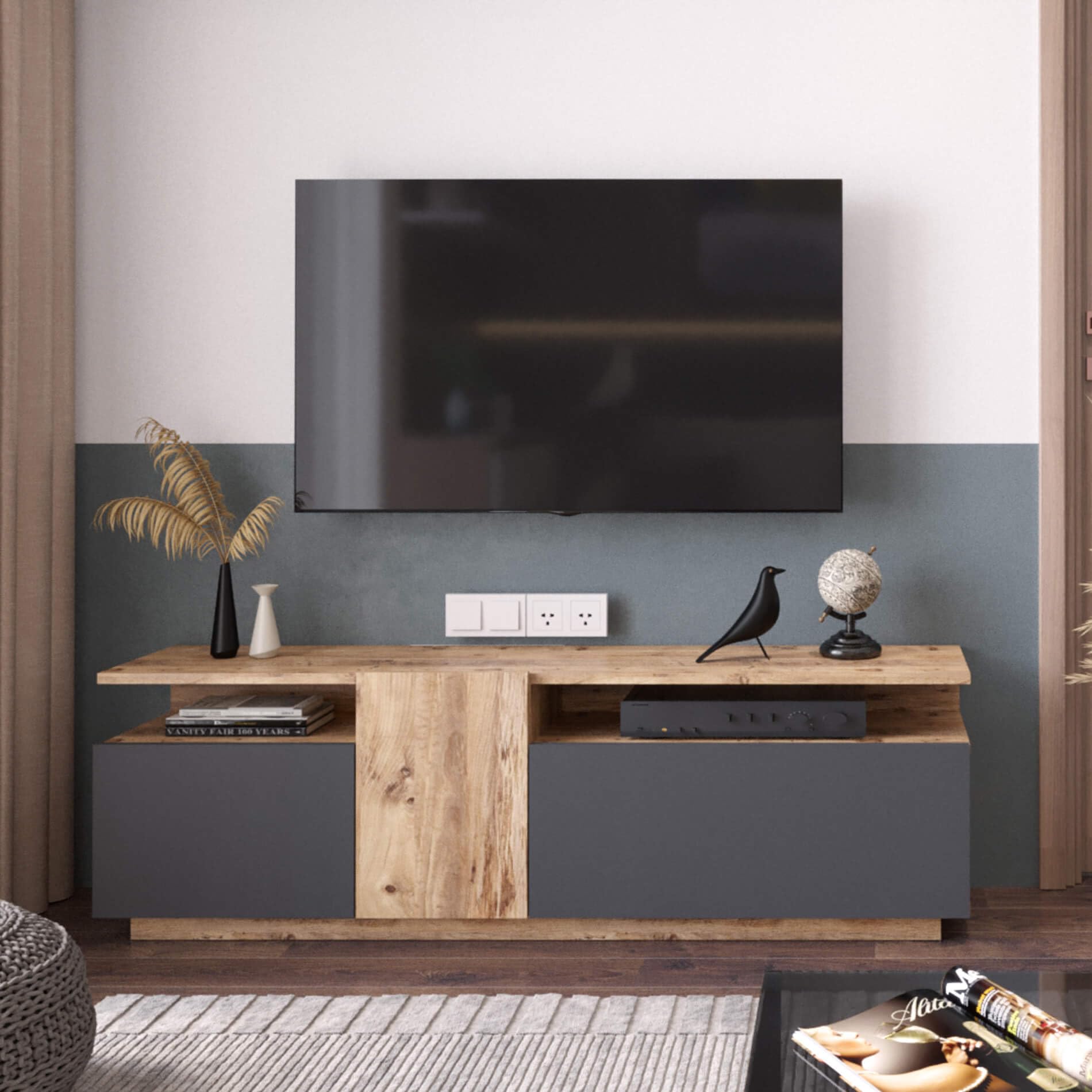 Rebecca Mobili Mobile Tv, Armadio Stand Tv, Color Rovere Grigio Scuro, Truciolato, per Salotto, Stabile, Stile Moderno - Misure HxLxP: 46,5 x 150 x 29,5 cm - Art. RE7078