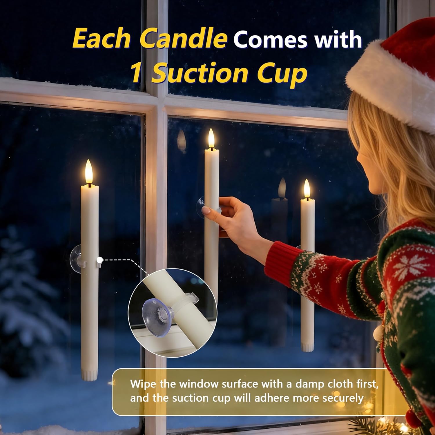 10" x 0.78" Flameless Window Candles with Sensors Dusk to Dawn, LED Flickering Ivory Candlesticks with Suction Cups, Battery Operated Taper Set of 6 Warm Light for Home Decor