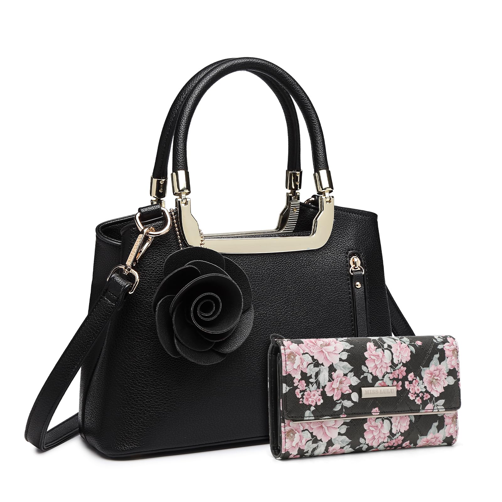 Miss Lulu Women's Handbag with Flowers Wallet, Shoulder Bag, Elegant Faux Leather, Retro Bag