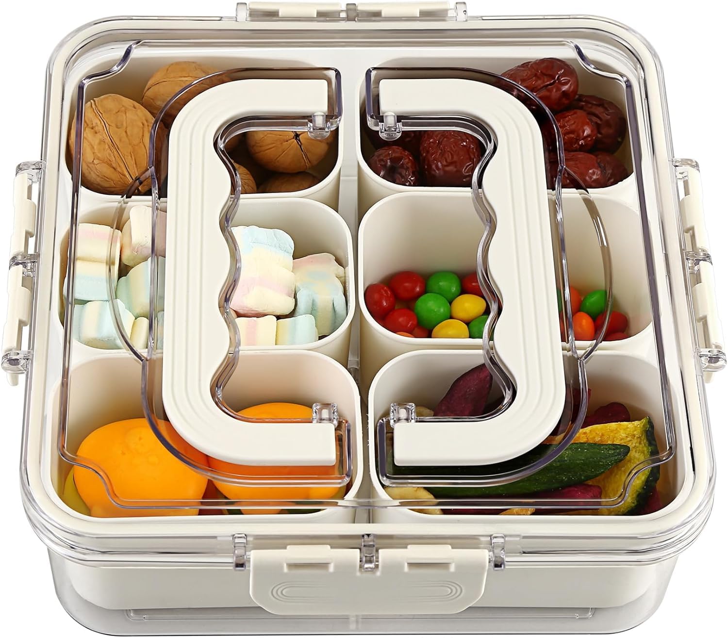 PRAMANTA Snack Box with 6 Compartments, Snack Plates with Lid and Handle, Snack Bowl, Snack Box Organiser for Snacks Sweets Nuts Fruit Spices for Party Picnic Trips, White, 21 * 21 * 7cm (1Pcs)-image-39