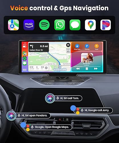 Miniatura 2 de podofo - Estéreo inalámbrico portátil de 10.26 pulgadas, pantalla táctil portátil para automóvil Apple Carplay, compatible con manos libres