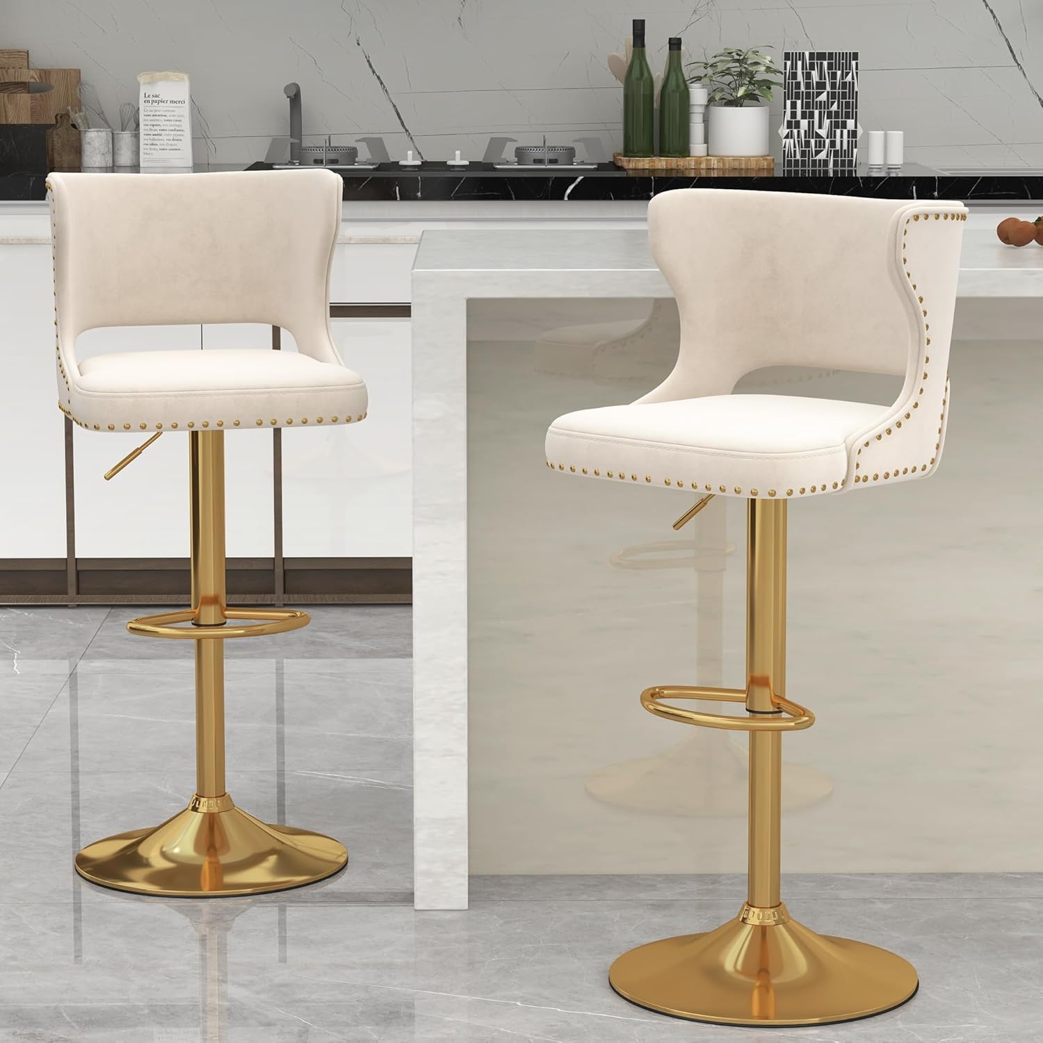 ABET Bar Stools Set of 2, Velvet Swivel Island Chairs, Adjustable Gold Barstools with Hollow Back and Footrest, Upholstered Counter Height Stool Chairs for Kitchen Island Dining Room Home, Beige