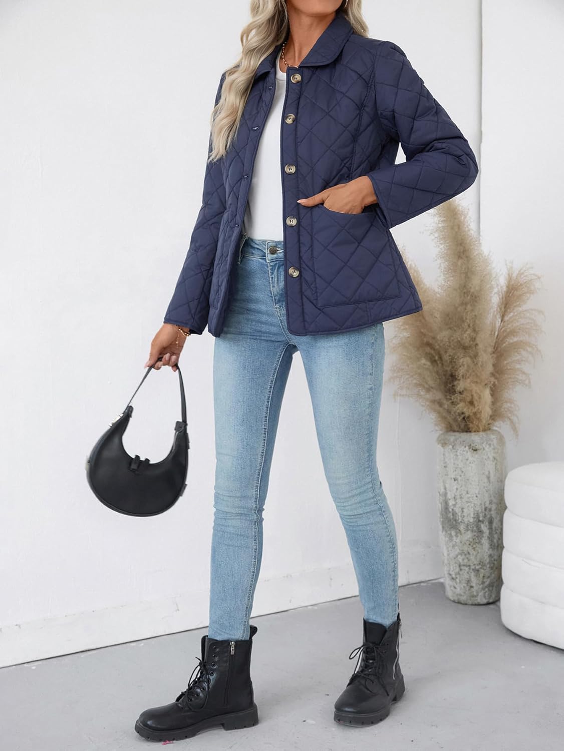 Merryfun Quilted Jackets for Women Lightweight Casual Button Up Diamond Puffer Jacket Warm Winter Coat with Pockets - Image 2