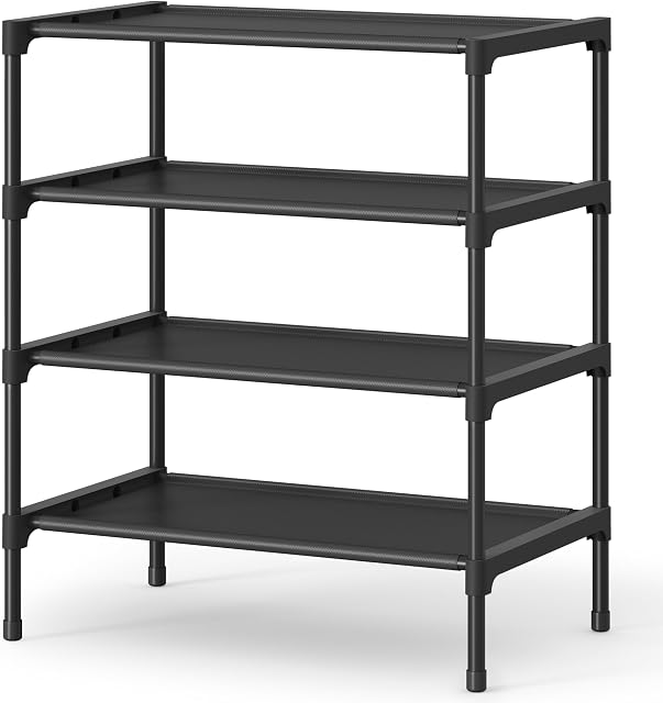 SONGMICS Raquette de chaussures, 4-Tier Organisateur de rangement de chaussures, Space-Saving, entrée, cadre en métal, étagères de tissu non tissées, noir d'encre ULSH014BH01 | Organisateur de rangement de chaussures d'espace, étagères en tissu non tissé, ULSH014BH01