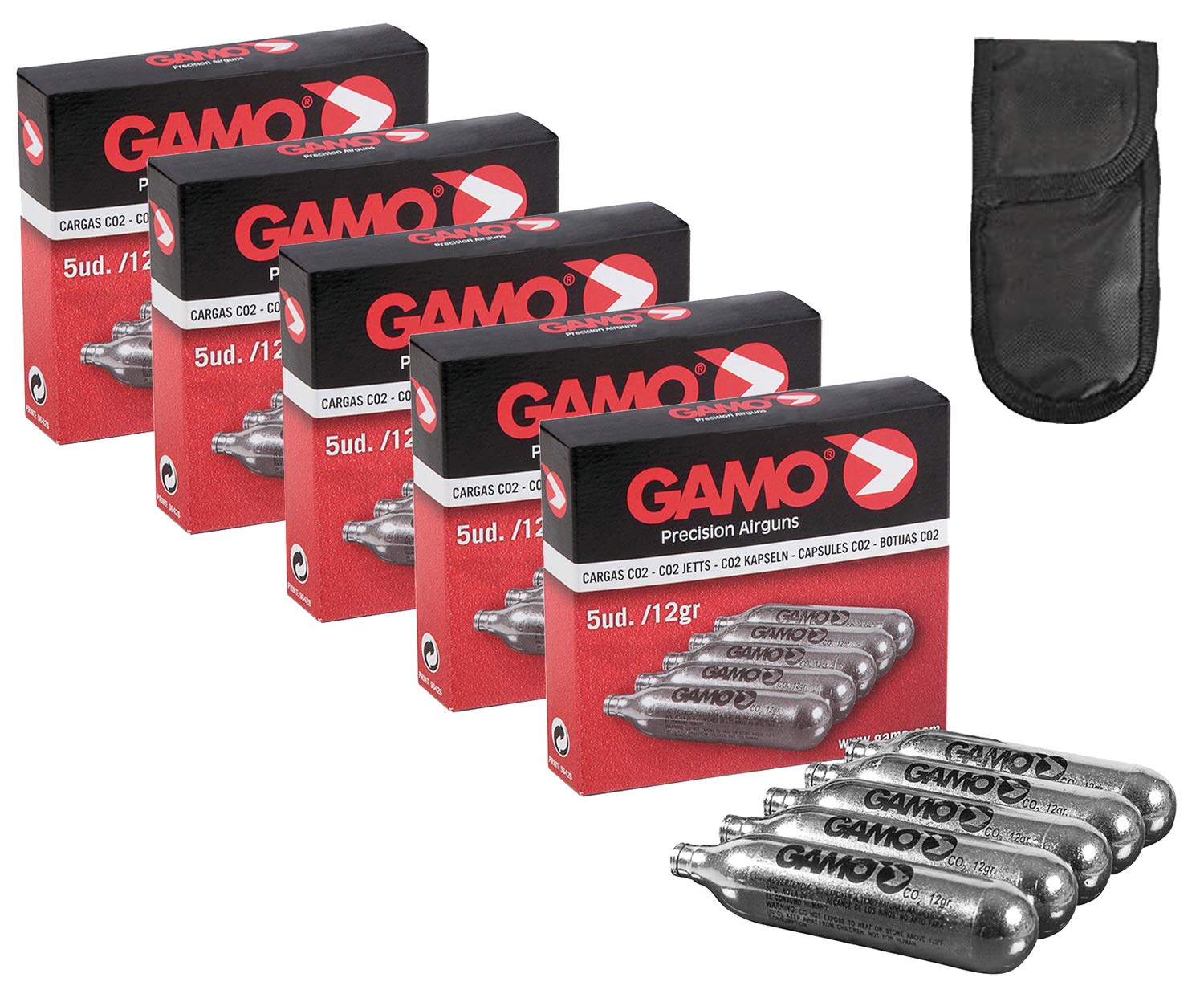 Gamo 25 bombonas CO2 12 gr para pistolas y carabinas + funda portabombonas