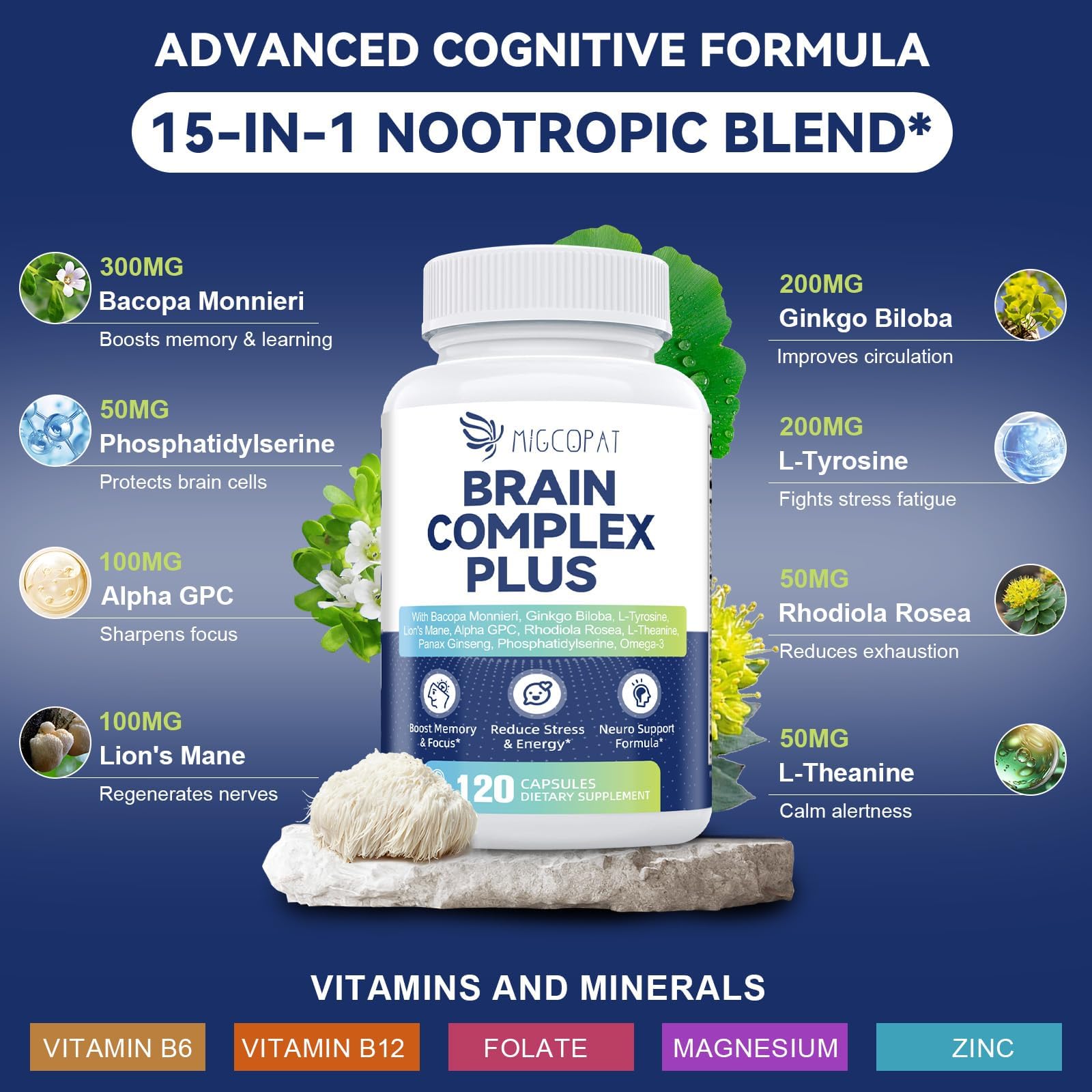 Brain Supplements for Memory and Focus | Nootropic with Bacopa Monnieri, Lion's Mane, Alpha GPC, Ginkgo Biloba | Mental Clarity & Cognitive Support | Vitamin B6 & B12 Neuro Health - Non-GMO, 120 Caps — Amazon image 2