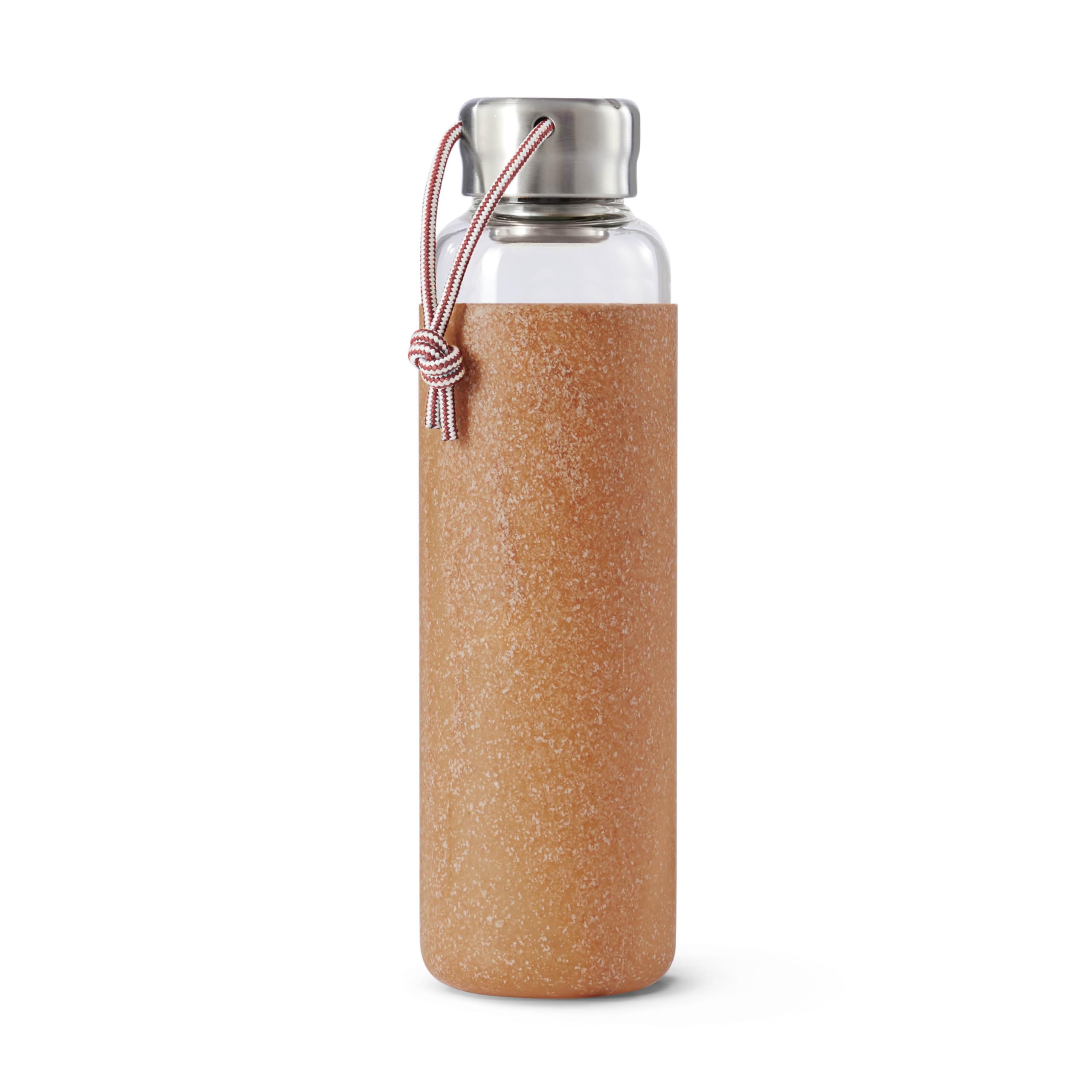 BLACK+BLUM - Glass Water Bottle - Leak Proof, Lightweight Borosilicate Glass Bottle with Screw-Fit Lid, Carry Loop and Protective Sleeve - Freezer Safe, Almond - 600ml