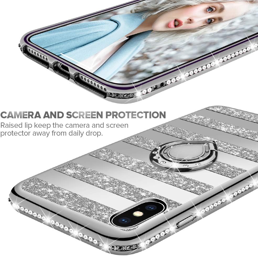Maxdara Case for iPhone Xs Max Glitter Case Striped Ring Grip Holder Kickstand with Bling Sparkle Diamond Rhinestone Protective Bumper Luxury Pretty Fashion Girls Women XS Max Case (6.5 inch), Silver