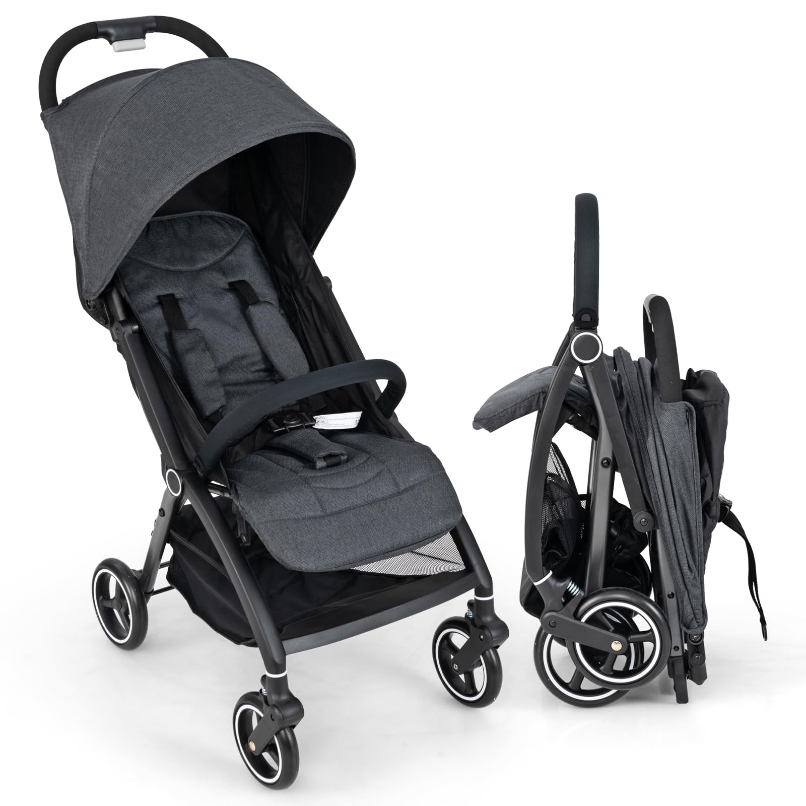 COSTWAY Silla de Paseo Ligera, Carrito Bebe Plegable con Respaldo Ajustable, Capota y Arnés de 5 Puntos, Cesta de Almacenamiento, Plegado con Una Mano, para Bebés de 0 a 36 Meses (Gris)