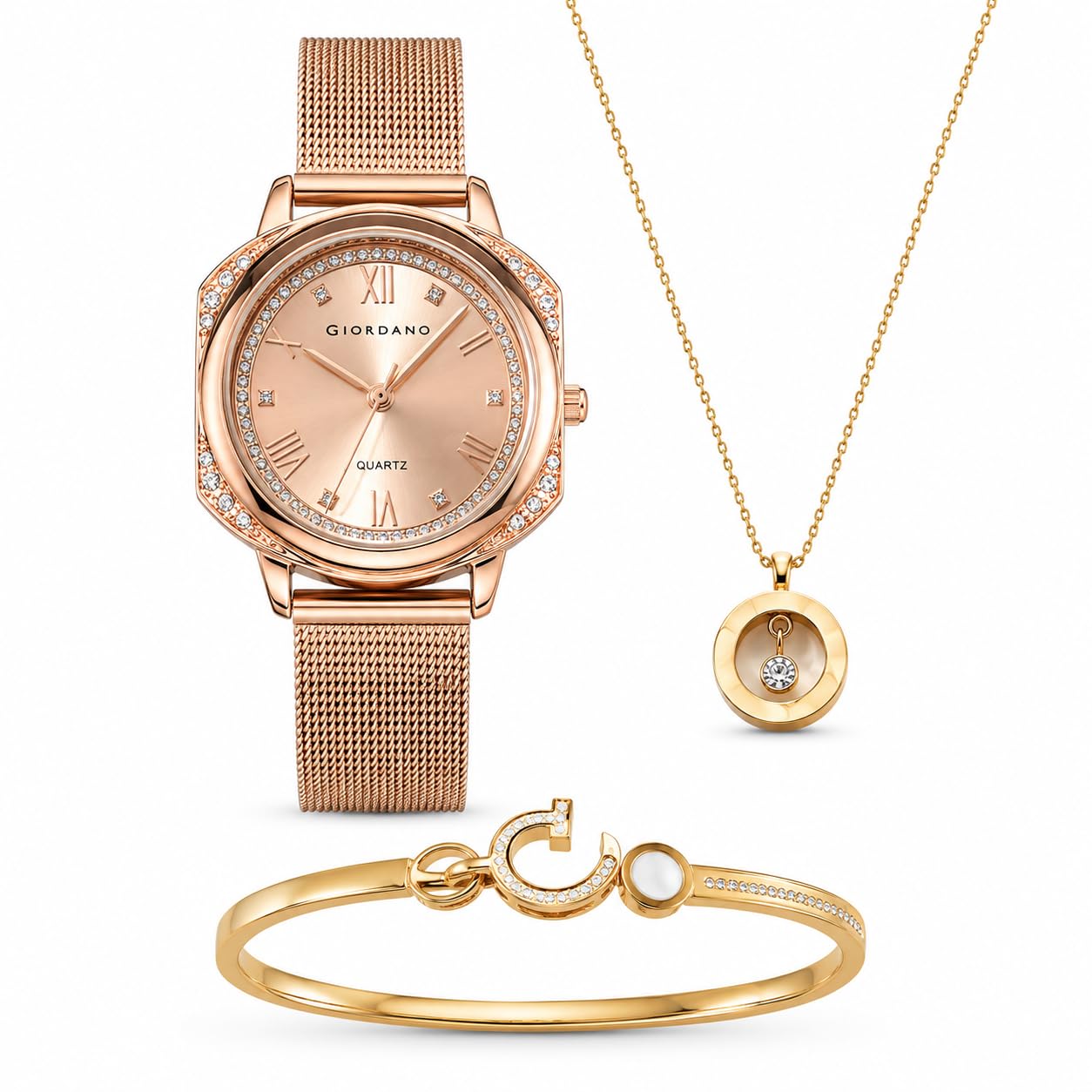 Analog Quartz Watch Gift Set for Women – 3 Piece Combo with Mesh Strap, Roman Numeral Crystal Studded Dial, Round Pearl Pendant Necklace & Moon Star Charm Bangle Bracelet - GZ-60183-image-30