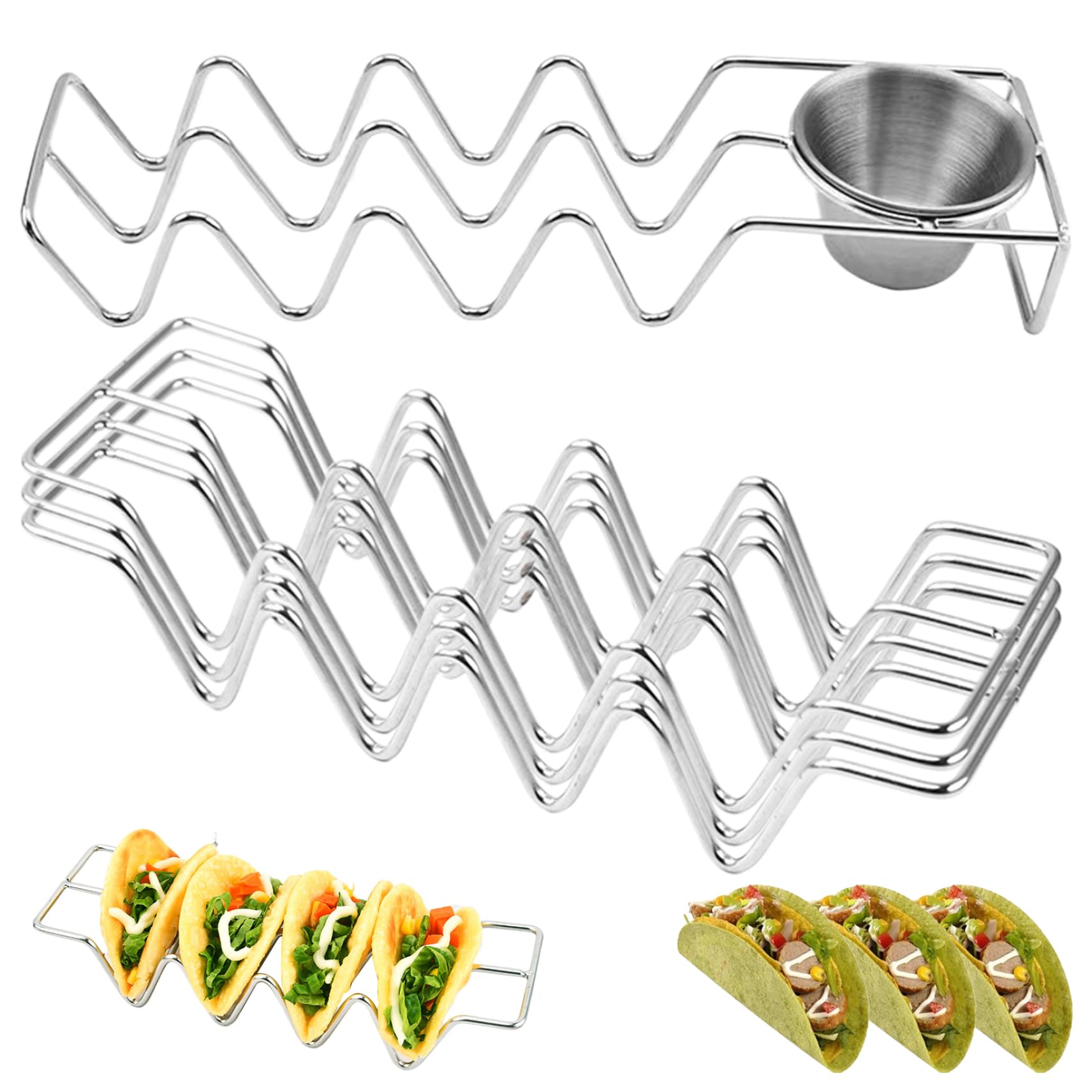 Hbbgdiy Set Of 4 Stainless Steel Taco Holder Stand with 1 Sauce Cup, Oven & Dishwasher Safe Taco Rack Each Hold up to 4 Tortillas Oven for Serving, Grilling & Entertaining at BBQ, Kitchen & Table