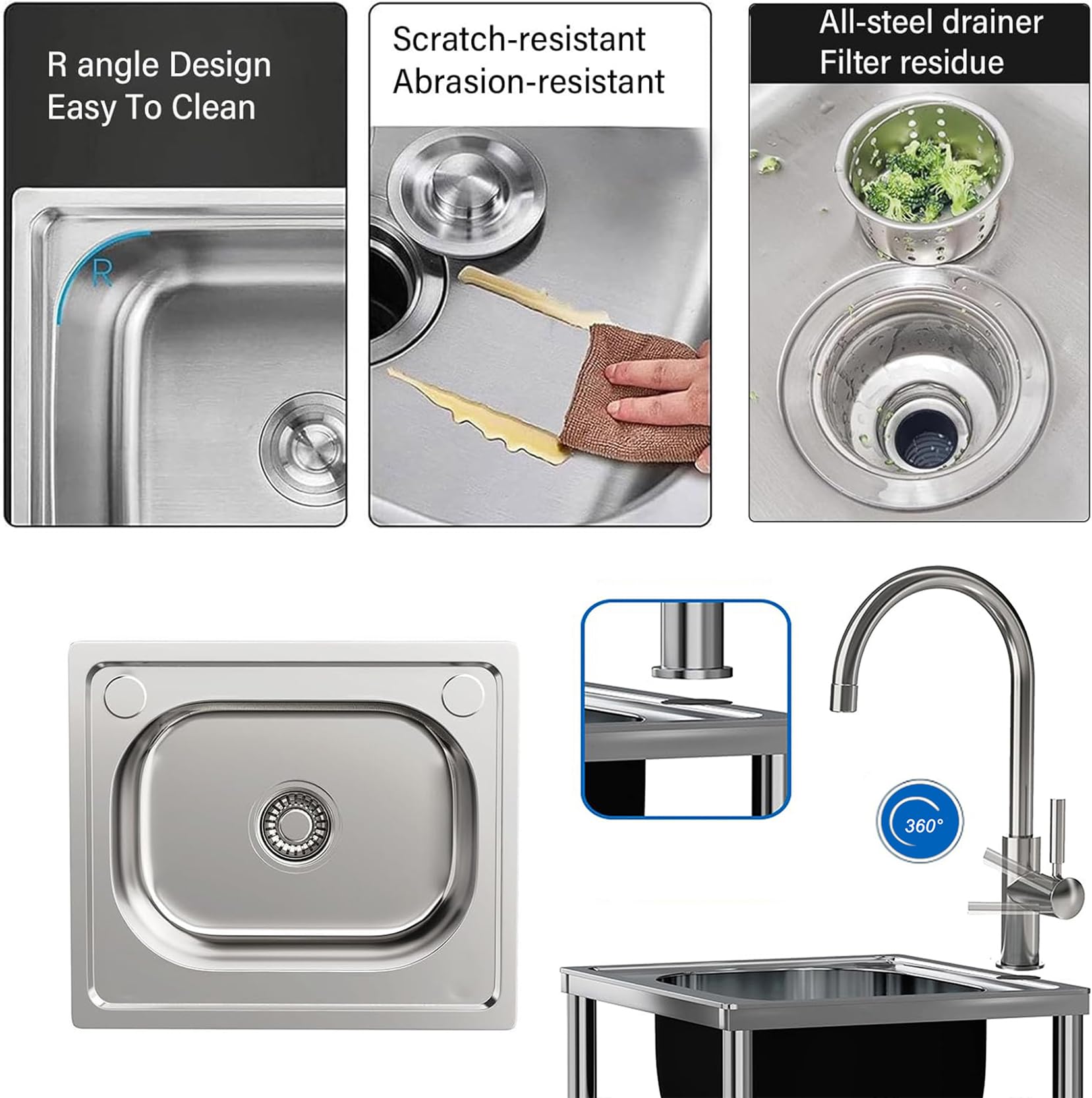 Fregadero De Cocina Exterior/Jardin Mueble Fregadero De Acero Inoxidable | Portatil Lavamanos Industriales con Grifo Estante Y Escurridor Pila De Lavar Para Garajes/Lavanderías/Restaurantes Comercial