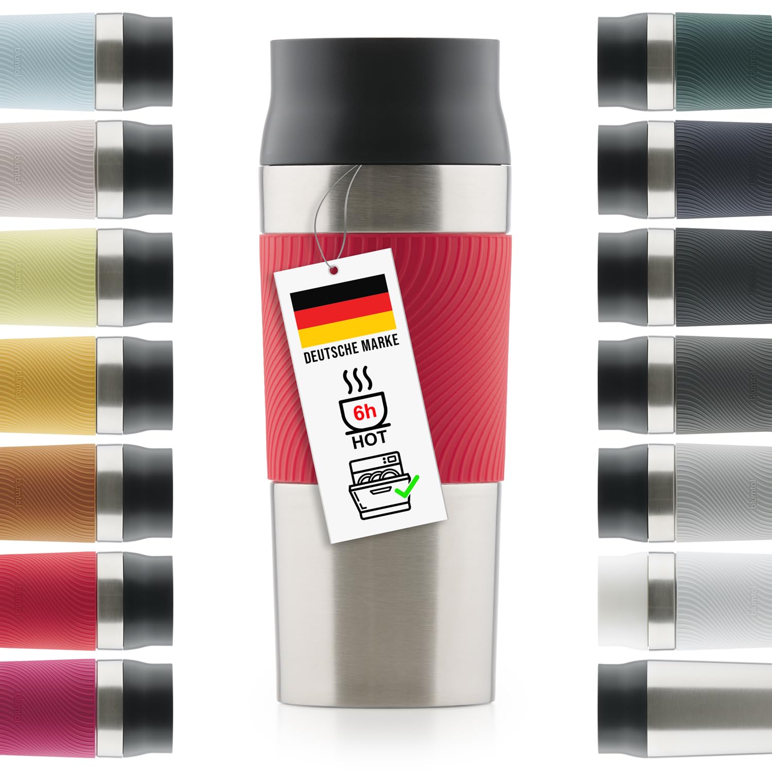 Blumtal Thermobecher 500 ml - Kaffeebecher to go aus Edelstahl - auslaufsicherer Isolierbecher kalt/heiß - Mug mit 360° Trinköffnung - Thermosbecher mit Quick-Press-Verschluss - Thermo Becher - Rot