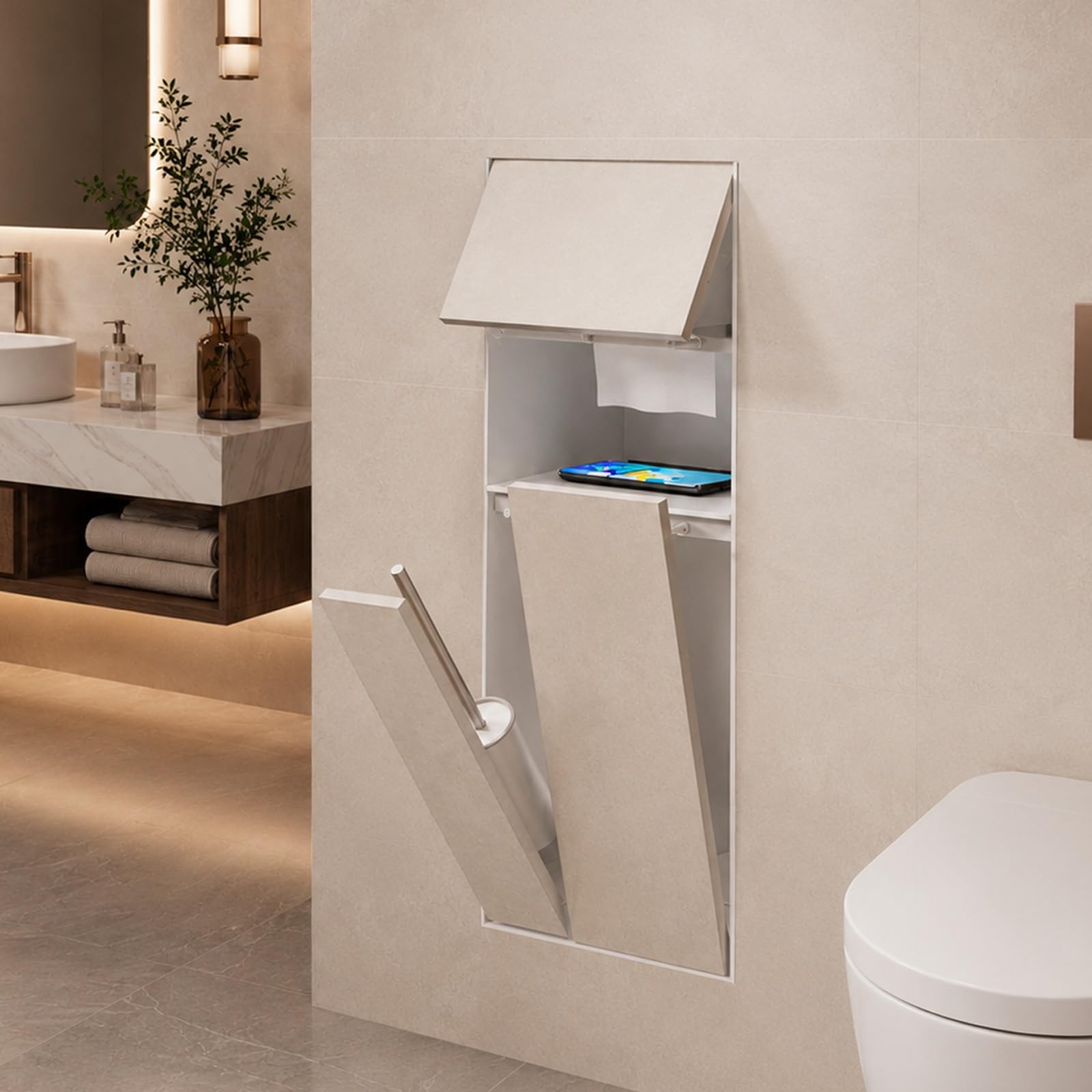 Recessed Toilet Paper Holder, Stainless Steel In-Wall Bathroom Cabinet With Toilet Roll Holder And Open Shelf, Hidden Waste Bin For Bathroom Kitchen Office