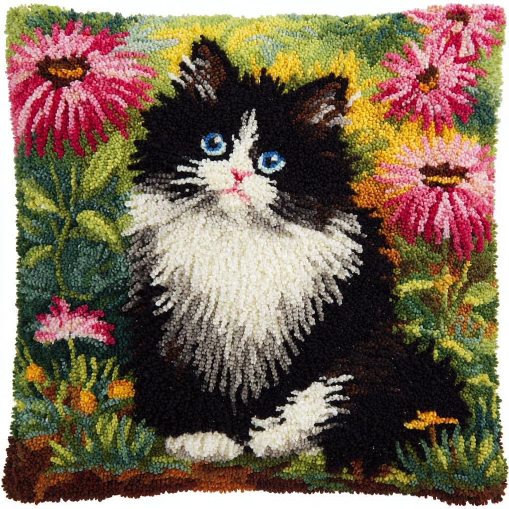Henypt DIY Latch Hooking Pillow Kits Cats and Flowers