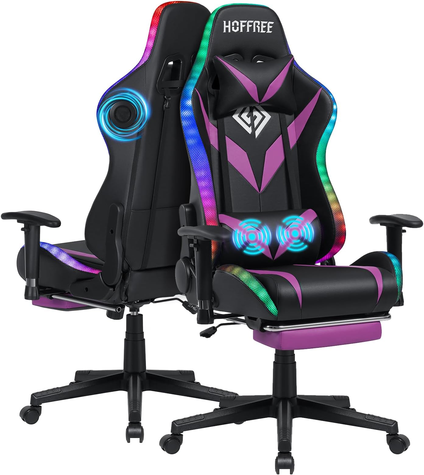 HOFFREE Gaming Chair with Bluetooth Speakers and Led Lights Massage Video Game Chair with Footrest Reclining High Back Computer Gamer Chair Purple and Black