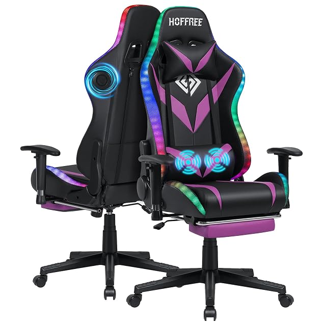 Hoffree Led Gaming Chair with Speakers Massage 165°Reclining Computer Chairs-Purple
