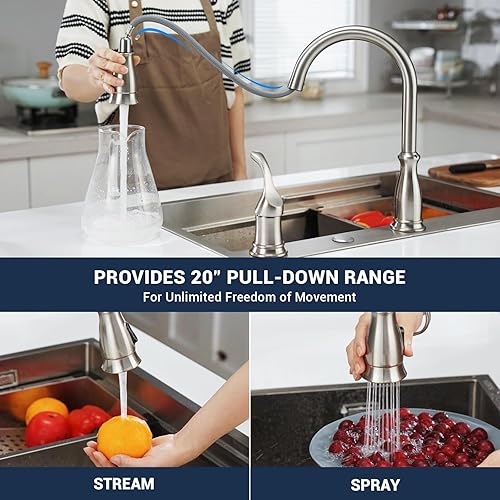 Miniatura 9 de APPASO Grifo de cocina dorado con dispensador de jabón, grifo de cocina dorado cepillado de 2 agujeros con rociador extraíble, 3 modos, grifo de