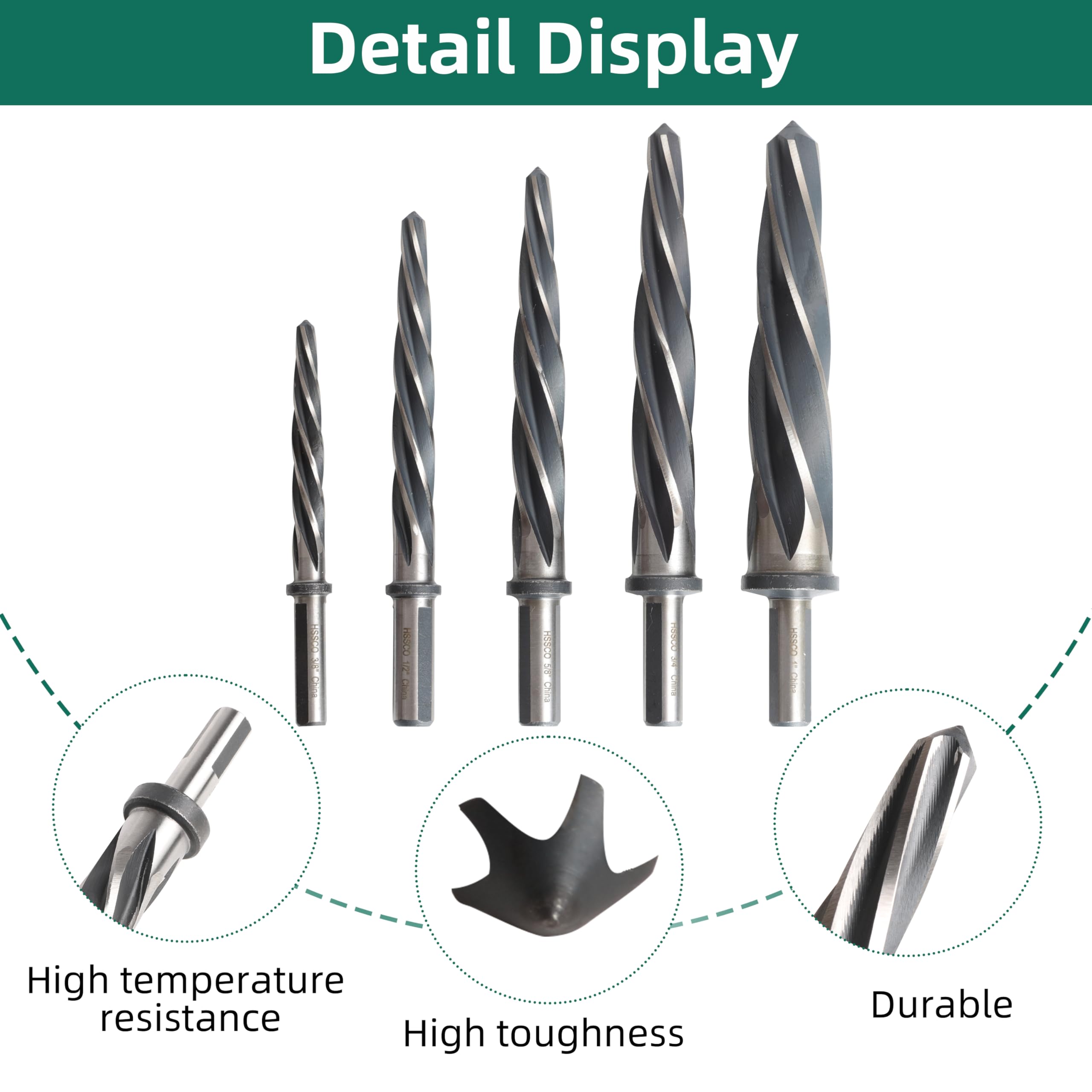 5 Stück M35 HSS Kegelspannreibahle-Set, 3/8 Zoll, 1/2 Zoll, 5/8 Zoll, 3/4 Zoll, 2,5 cm, passend für 3/8 Zoll oder 1/2 Zoll Schaftkonstruktion, Reibahle, Bohrer, Brücke, auch für Holz, Legierung, Stahl