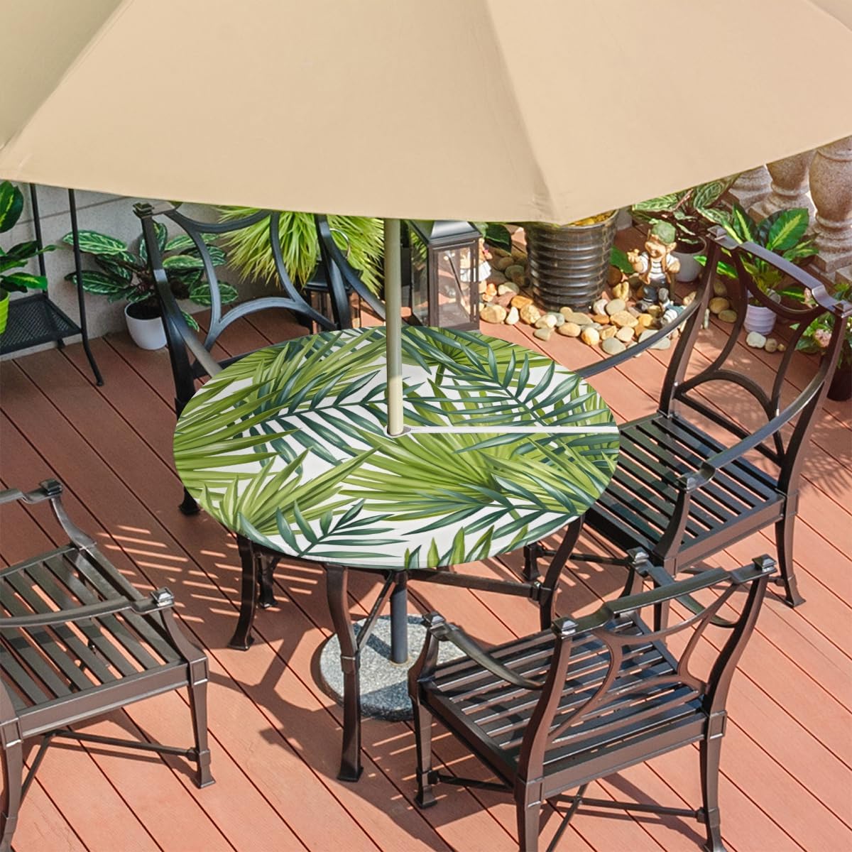 Round Fitted Tablecloth with Umbrella Hole Poppy Leaves Outdoor Tablecloth Waterproof Umbrella Table Cloth Tropical Plant Zippered Tablecloth 45"-56" Round Elastic Table Cover for Patio