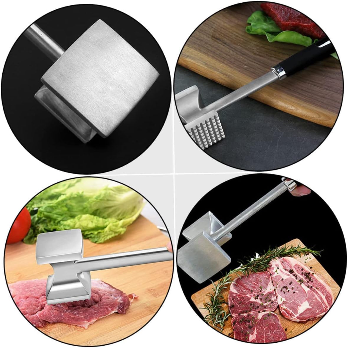 Stainless Steel Meat Hammer Mallet Double-sided Tenderizer for Home Kitchen with Textured Smooth Surfaces Black Handle Beef Tool for Flattening and Softening Poultry and Meat