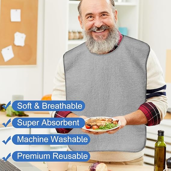 2 Pack Adult Bibs for Men and Women Terry Cloth for Eating Super Absorbent and Washable Adjustable Bib for Elderly Clothing Protectors Blue and Gray