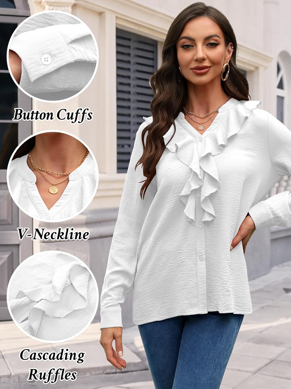 Womens Button Down Shirt Long Sleeve Tops V Neck Ruffle Blouses Casual Business Work Solid Textured Clothes 2025 - Image 6