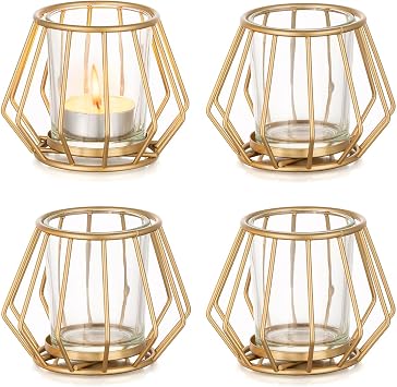 Romadedi Tea Light Holder Metal Gold Set of 4 with Glass