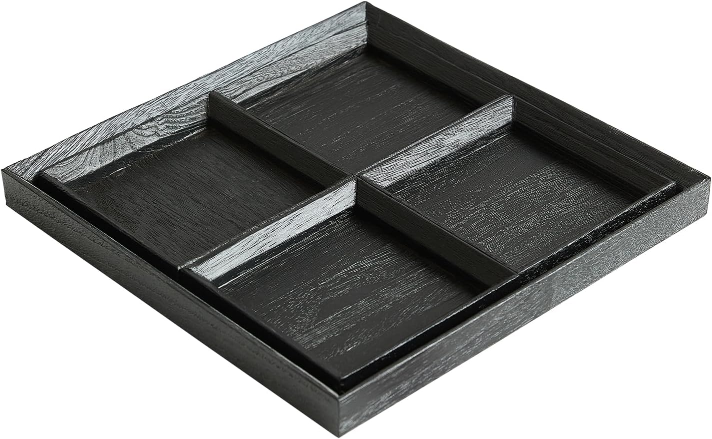 Light Wooden Serving Tray Set 4 Square Nesting Trays,Black Decorative Display for Coffee Table,Kitchen