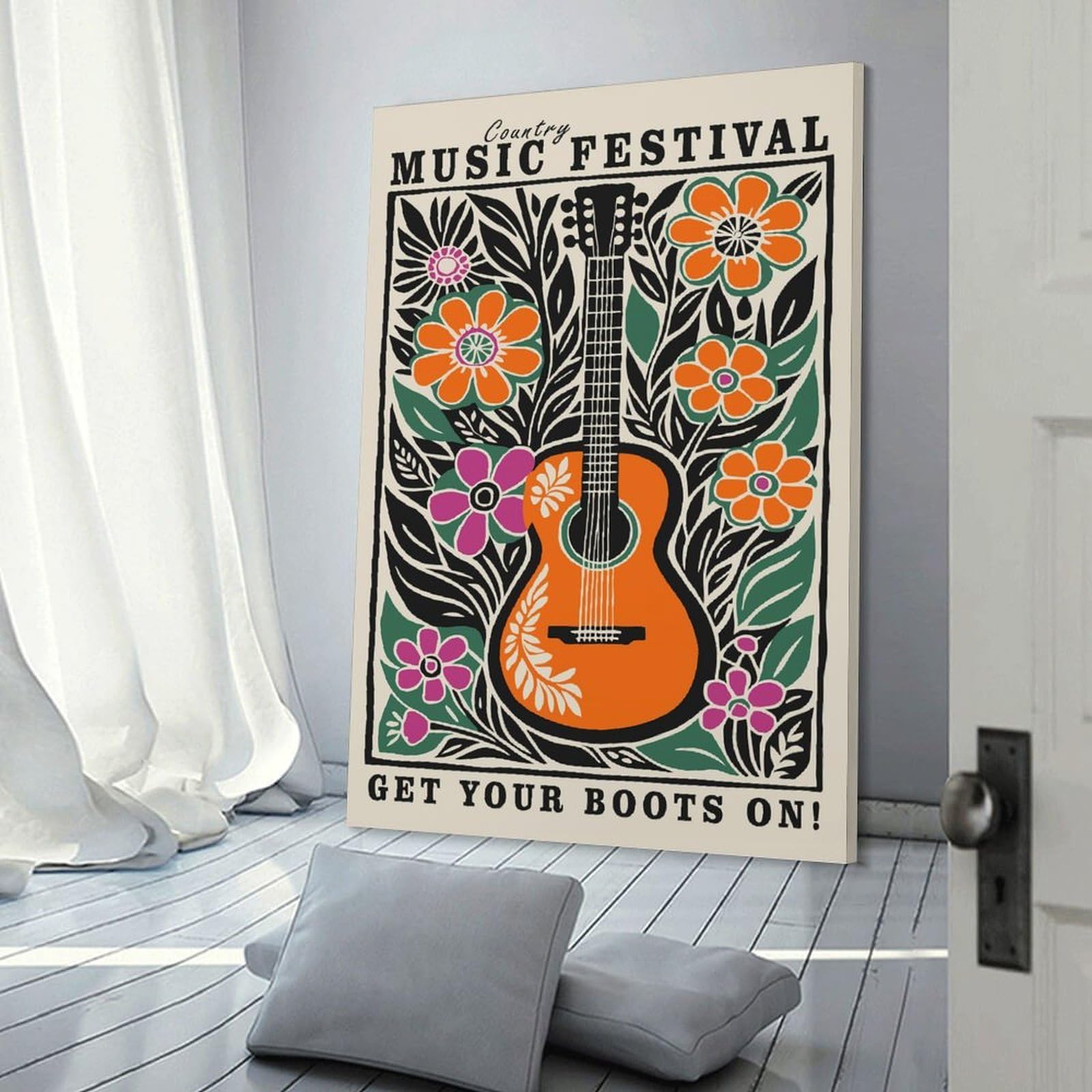 Junmoney Canvas Wall Decor Country Music Festival Guitar Floral Art, 20x30inch(50x75cm), for Gallery Wall Layouts in Home Or Office, Home Wall Art for Statement Displays