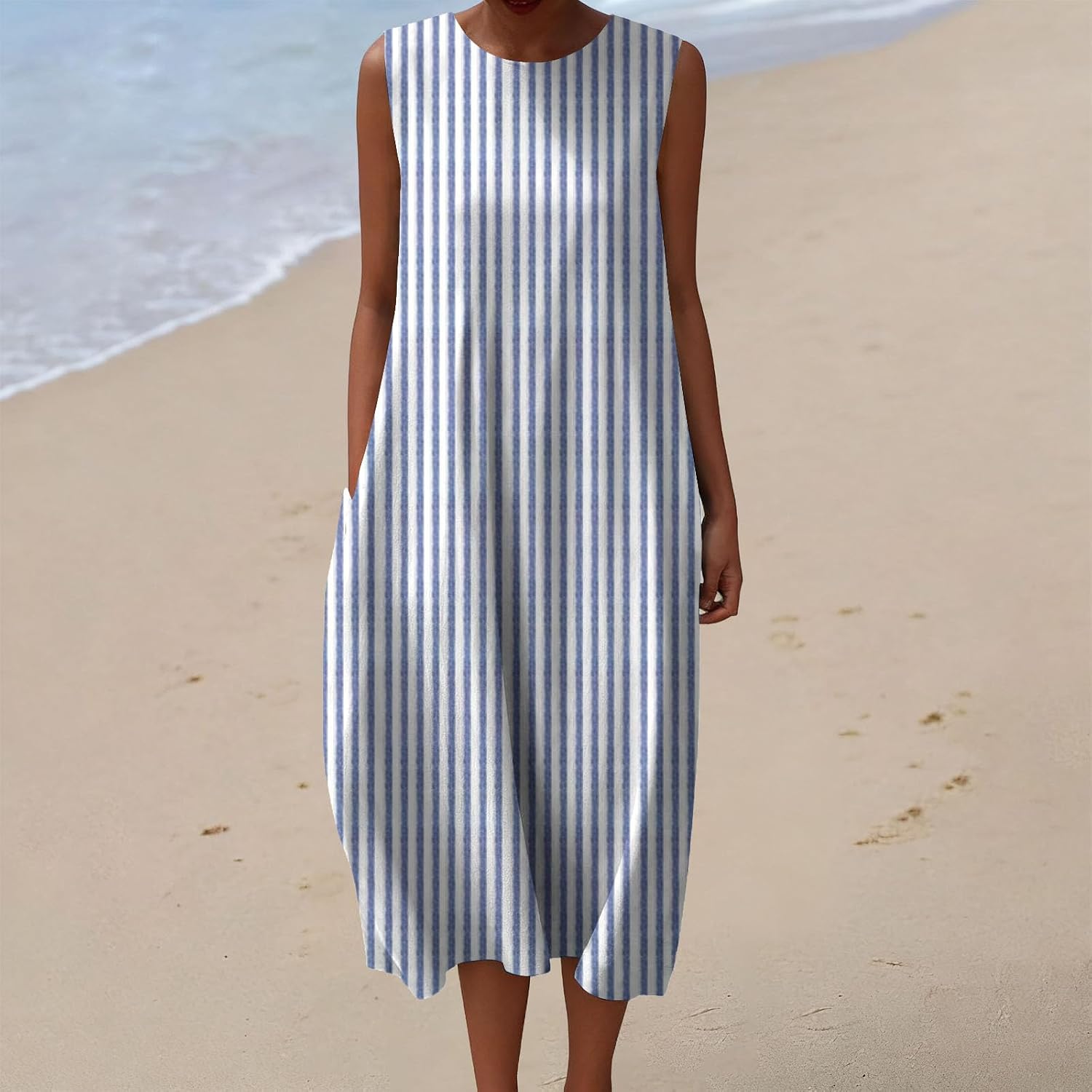 Vestiti Lungo Estivi Donna in Lino E Cotone Abito Senza ManicheCon Scollo Rotondo Confortevole Ampio Eleganti Abiti Taglie Forti Moda Traspirante Floreale Elegante Casual per Vacanza Vintage