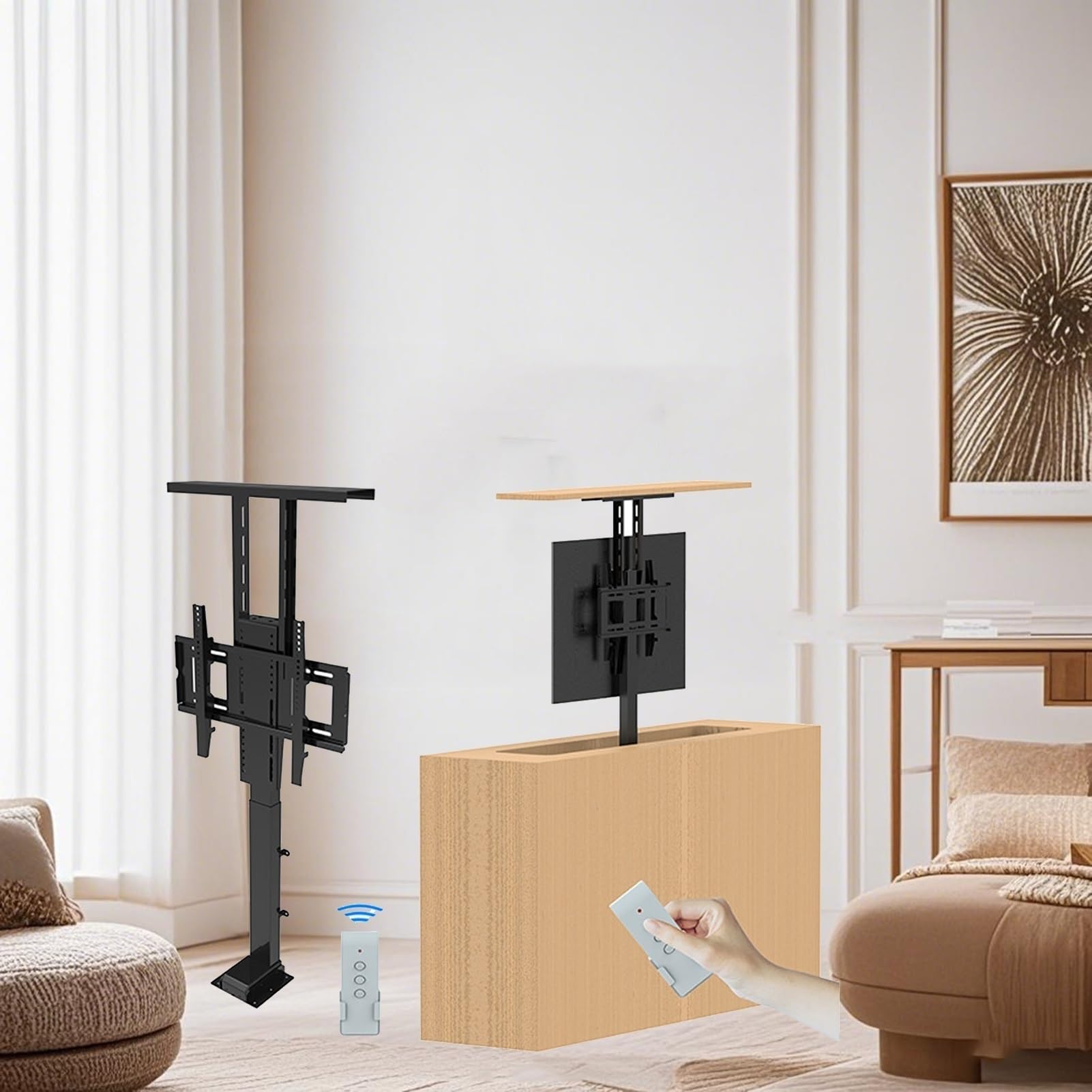 THEGA para Soporte Elevador TV Eléctrico 42 A 70 Pulgadas, Elevador TV Eléctrico Telescópico con Soporte TVs Elevación Automática, Ocultable En Armario, Soporte TVs Motorizado