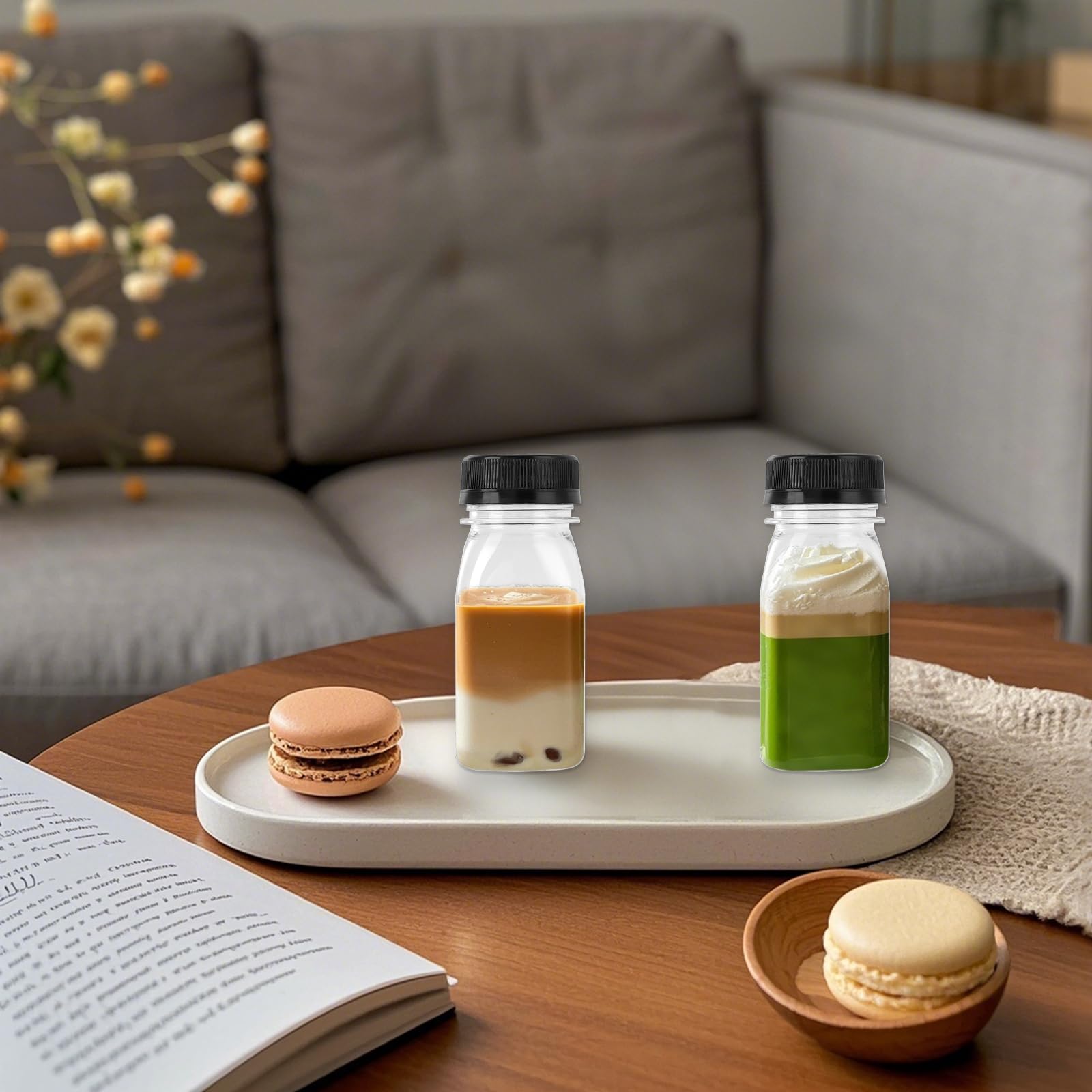 Lot de 40 petites bouteilles en plastique de 120 ml avec couvercles pour lait, eau, jus et boissons