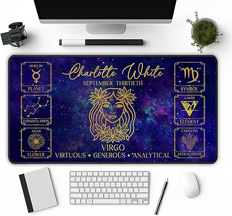 Personalized Virgo Zodiac Desk Mat – Custom Name Mouse Pad with Constellation, Mercury, Traits and Earth Sign Details – Astrology Birthday Gift for Her or Him – Analytical Horoscope Desk Décor