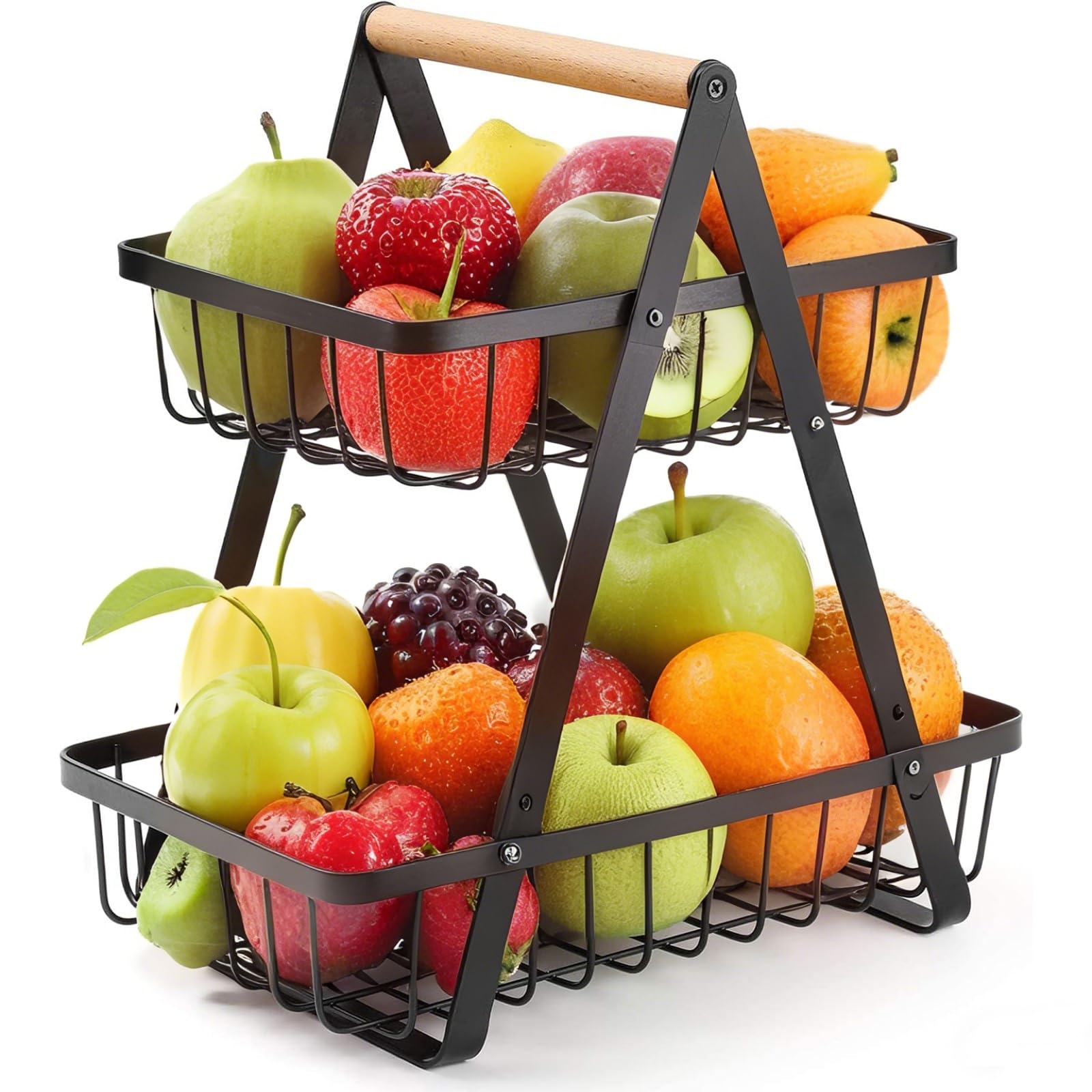 Fruteros de cocina de 2 pisos en color negro para organizar frutas y verduras en el mostrador
