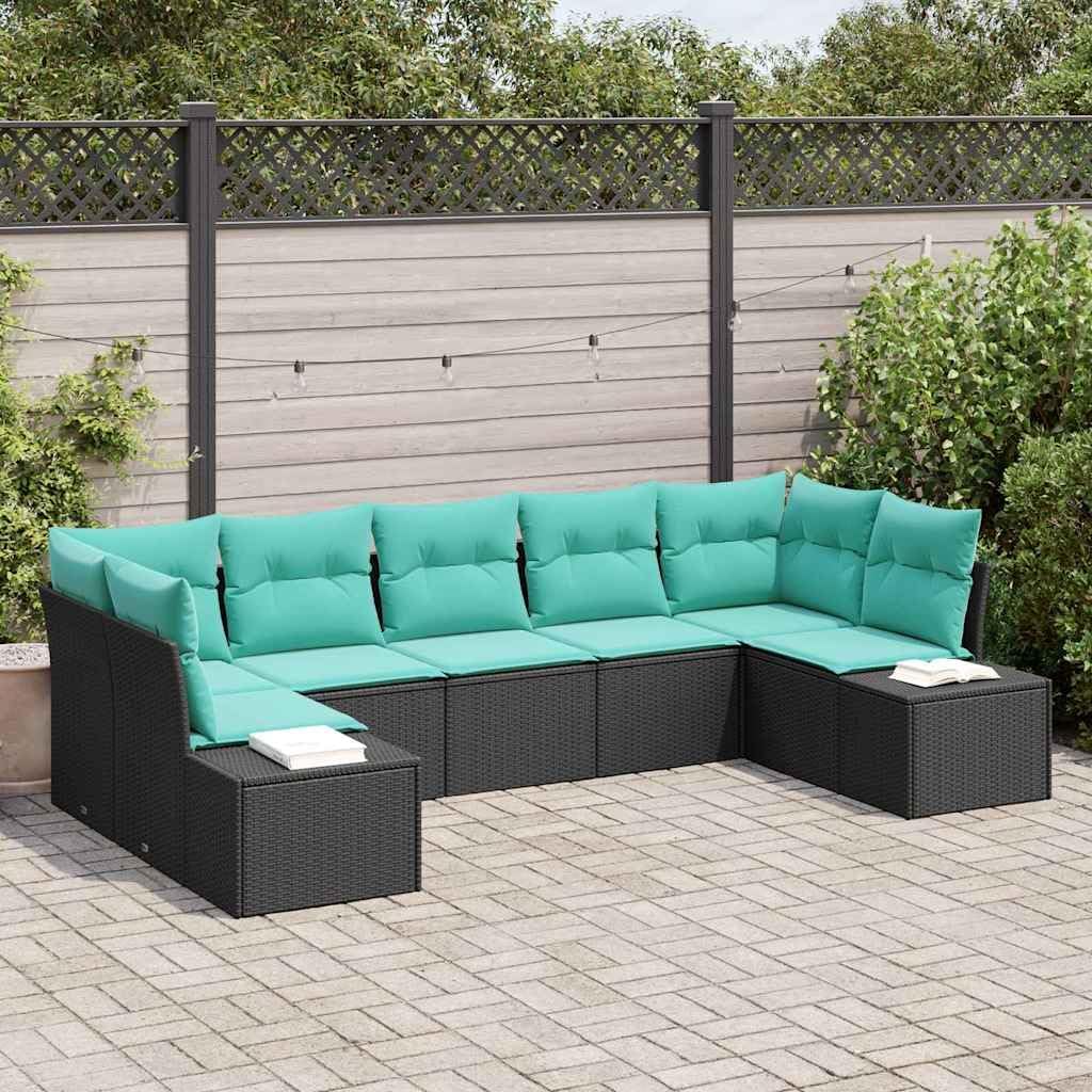 Modular Garden Sofa Set 7 pcs Black Turquoise Poly Rattan Outdoor Furniture Comfortable Cushions Patio Sectional Backyard Lounge Seating Durable Weather-Resistant