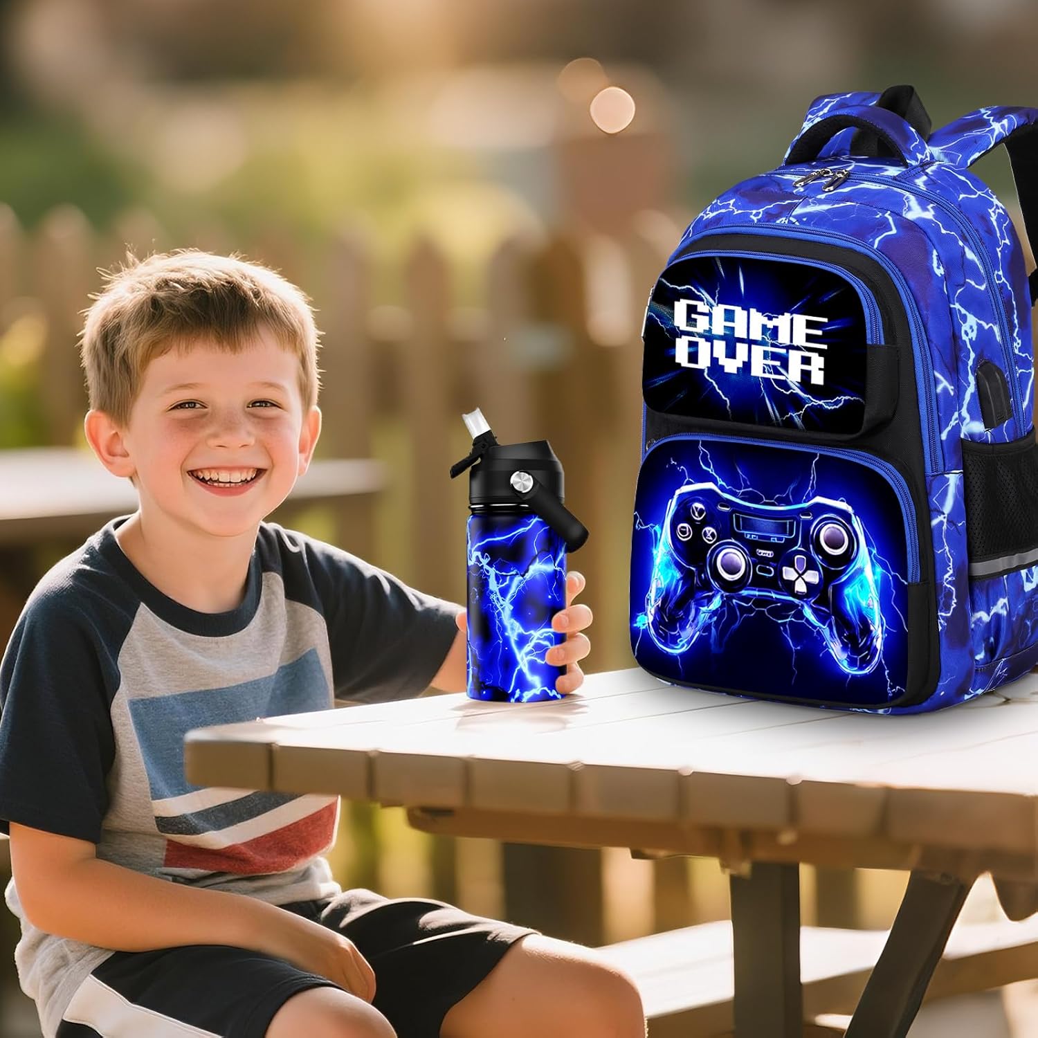 Bevalsa Kids Backpack for Boys with 14oz Insulated Bottle, School Bags for Kids & BPA-FREE Stainless Steel Metal Bottle with Straw Lid for Elementary Middle School Student (Lightning)