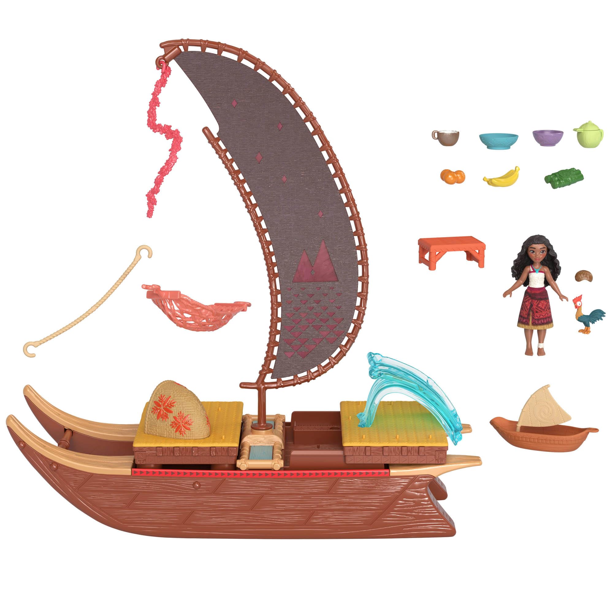 Mattel Disney La Pirogue de Vaiana 2 Transformable Coffret Vaiana 2 avec pirogue flottante, petite poupée Vaiana, 1 ami personnage, 6 espaces de jeu et 10 accessoires, JBT78