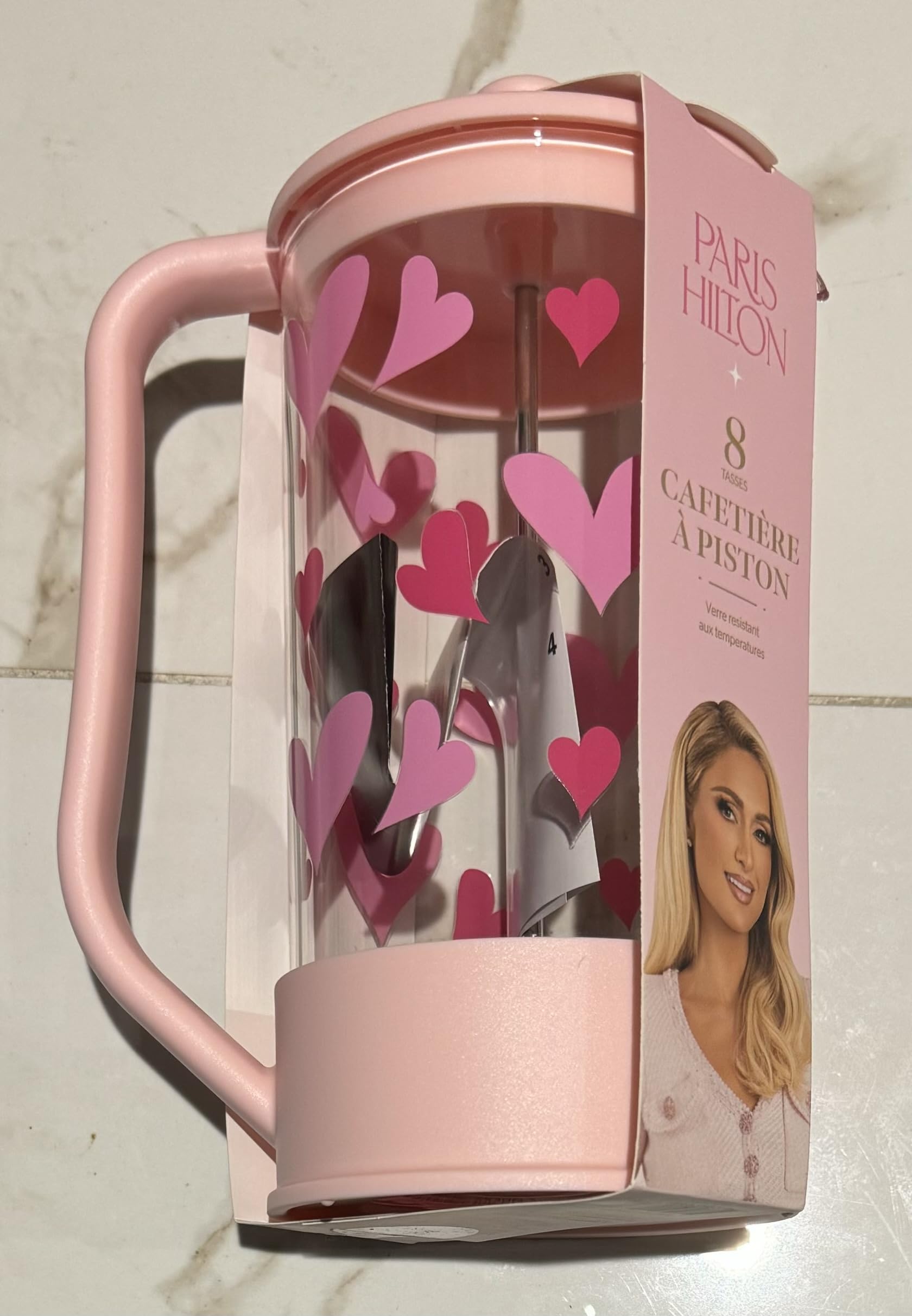 French Press Coffee Maker, 8-Cup Capacity, Pink with Heart Design
