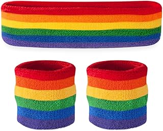 Suddora Striped Sweatband Set, Moisture Wicking 2 Wristbands and 1 Headband, Breathable Athletic Sweat Bands for Sports, Costumes & Cosplay, Rainbow Pride Bands for Events, Parades