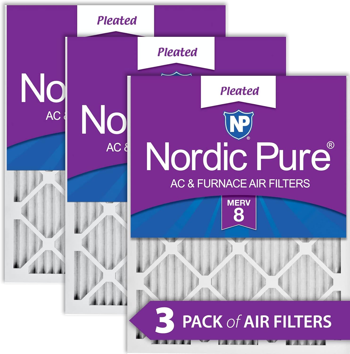 Nordic Pure 25x25x1 (24 1/2 x 24 1/2 x 3/4) Pleated MERV 8 Air Filters 3 Pack MERV 8 3 Pack