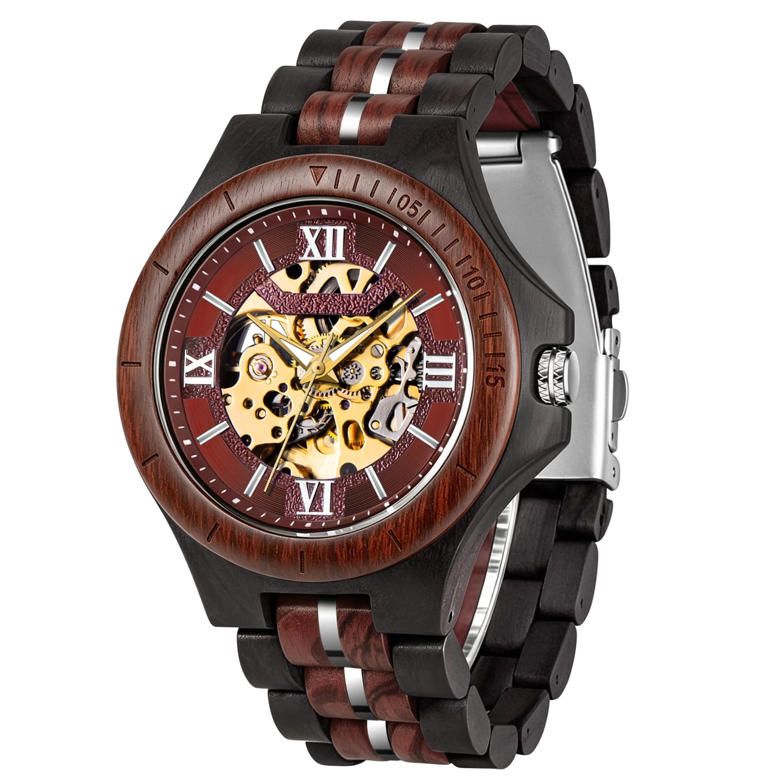Tiong Orologio meccanico da uomo, in legno, di lusso, automatico, leggero, con cinturino in legno, con confezione regalo (W51108-rosso nero)