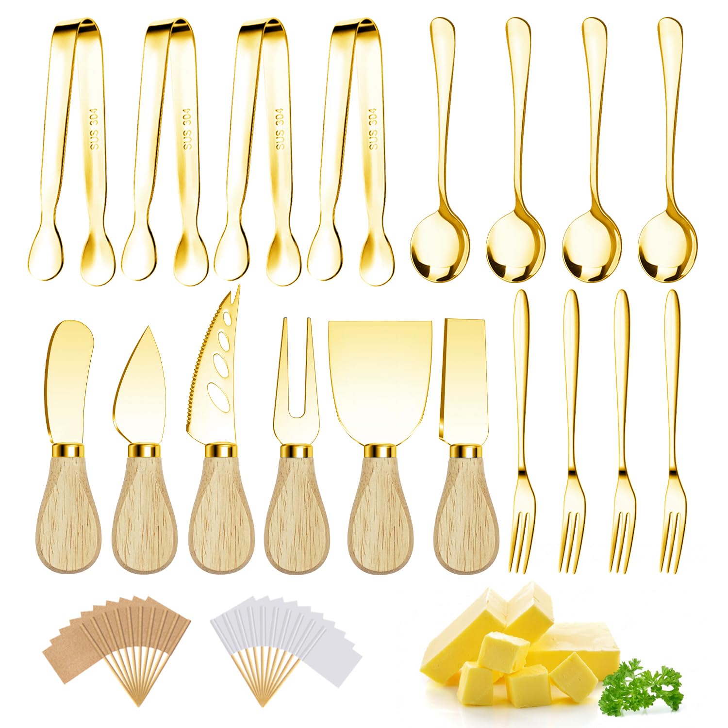 Accesorios para tablas de charcutería, utensilios de charcutería dorados, juego de cuchillos esparcidores de mantequilla de queso con asas de madera, pinzas pequeñas para servir, mini tenedores y