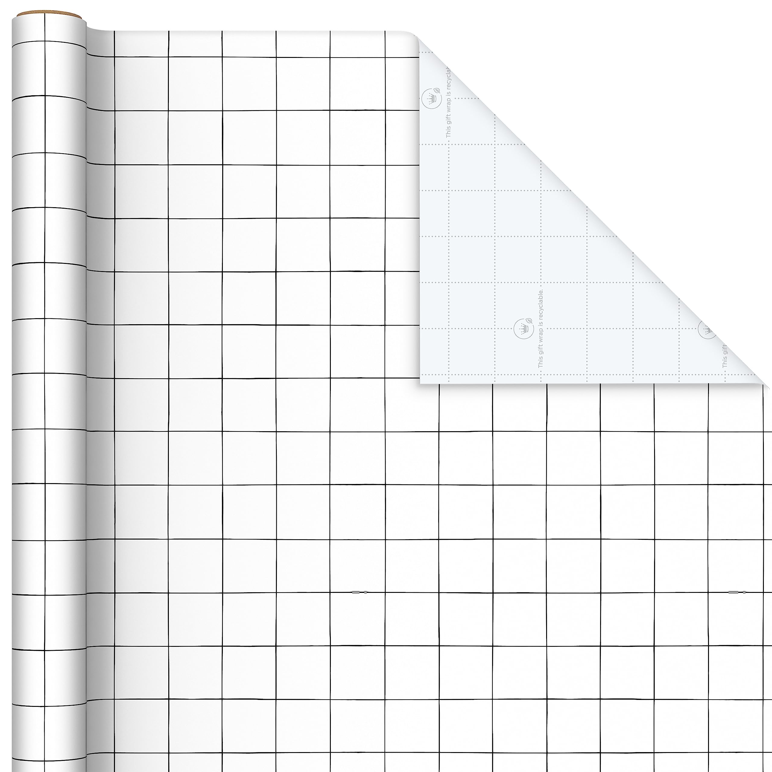 Hallmark Lot de 3 rouleaux de papier cadeau Kraft recyclable avec découpes au verso - Rayures grasses - Carreaux noirs et blancs - Pour anniversaires, fêtes prénatales, remises de diplômes, vacances