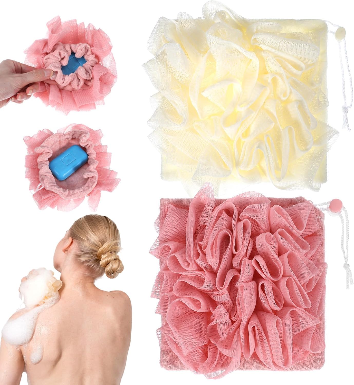 2-in-1 Soap Holder Loofah Washcloth Combo | Exfoliating Bath Sponge & Body Scrubber with Soap Pocket | Reusable Mesh Loofah with Drawstring for Deep Cleansing & Smooth Skin (Pack of 1)-image-1