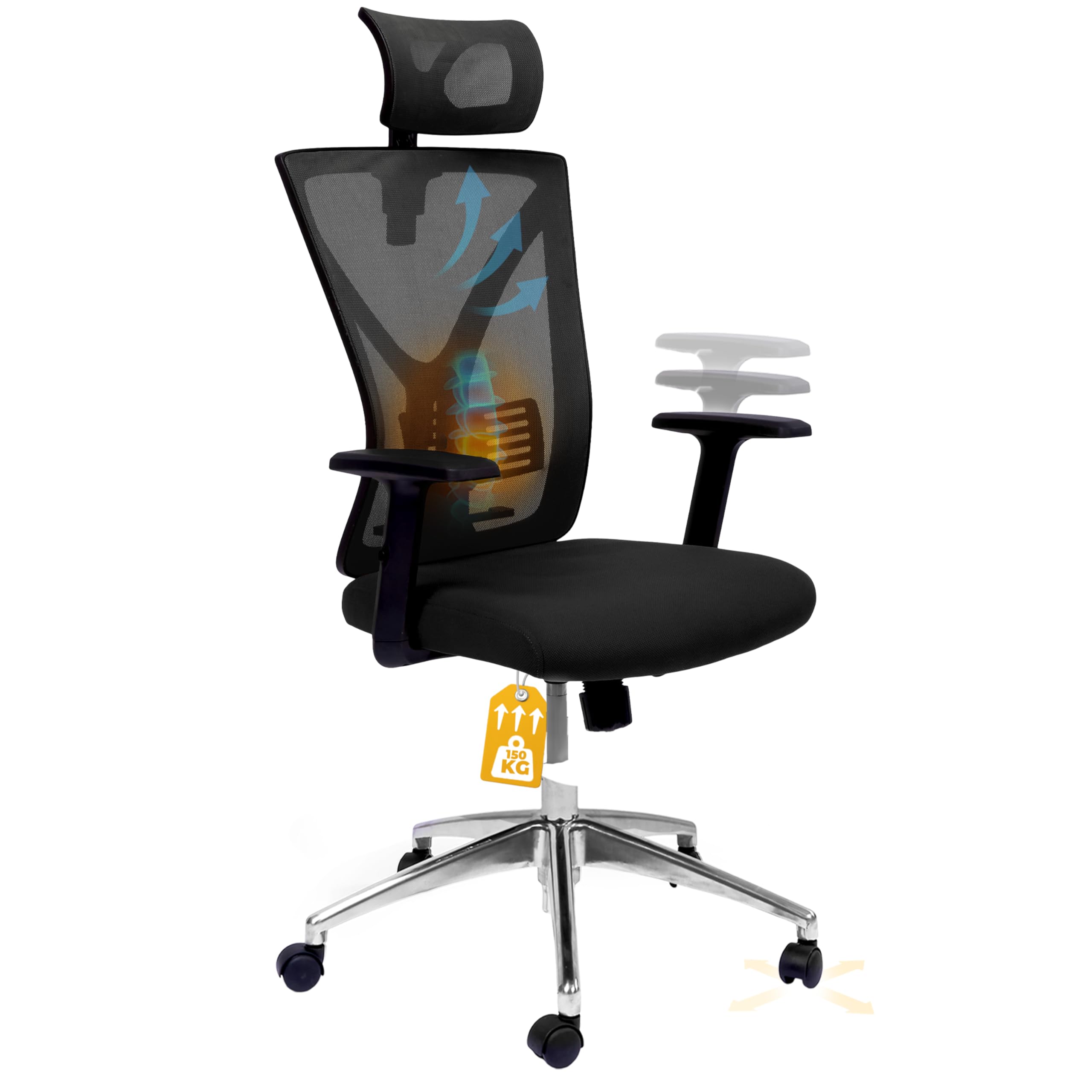 Bürostuhl Zeus (Schwarz) – Bürostuhl ergonomisch und komfortabel inkl. Verstellbarer Lordosenstütze & kühlendem Mesh – Bis zu 150kg Tragfähigkeit - ideal für Lange Arbeitstage